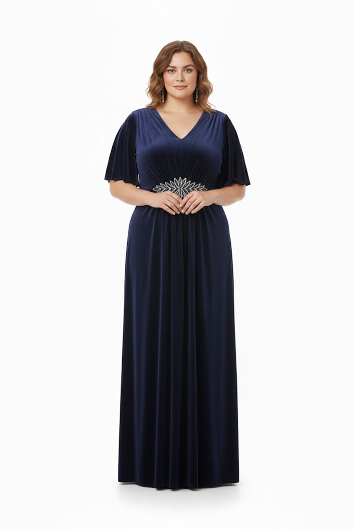 Plus‑Size Short‑Sleeve Evening Dress With Stone‑Detail Waist — Navy