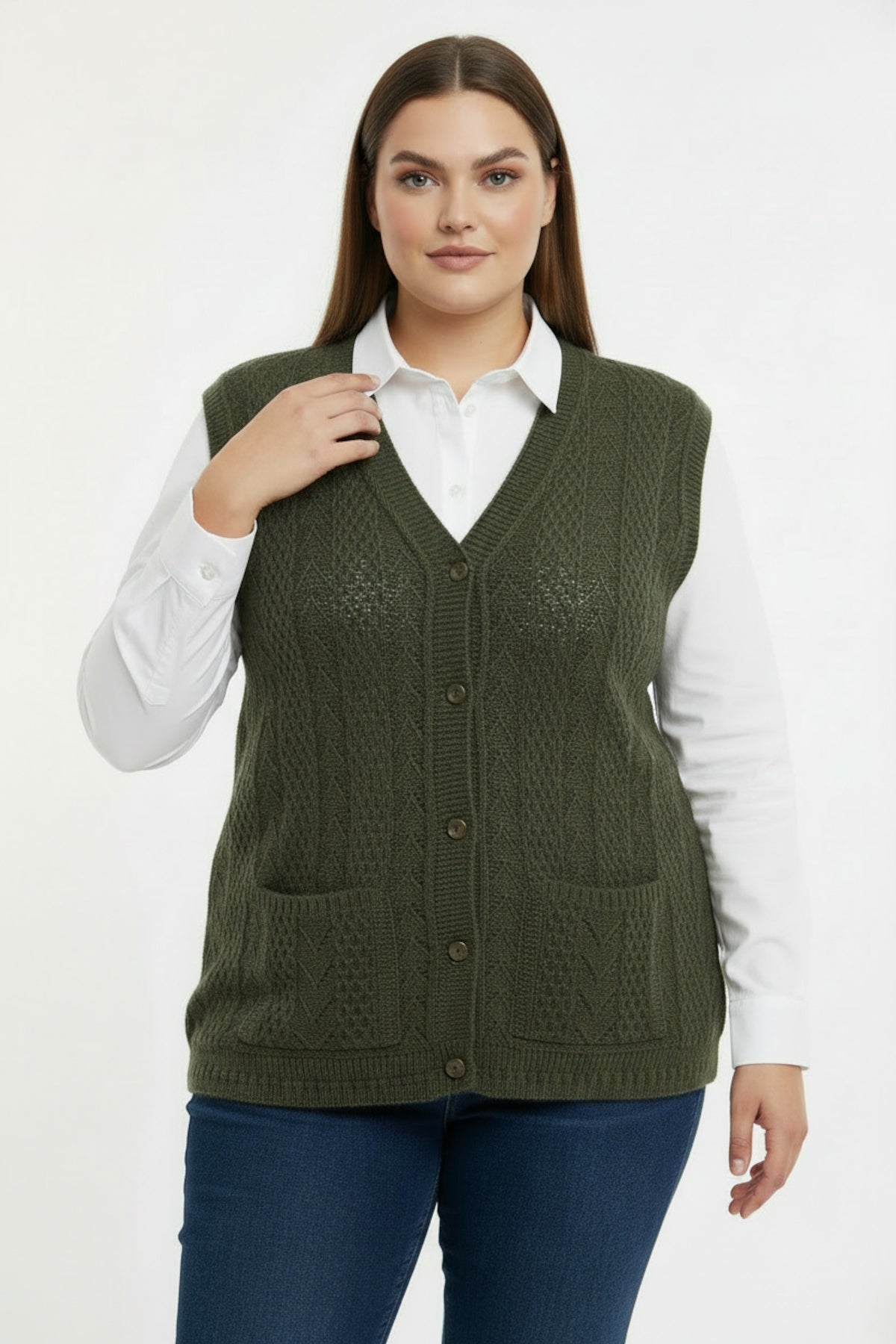 Große Größen Strickweste — Khaki