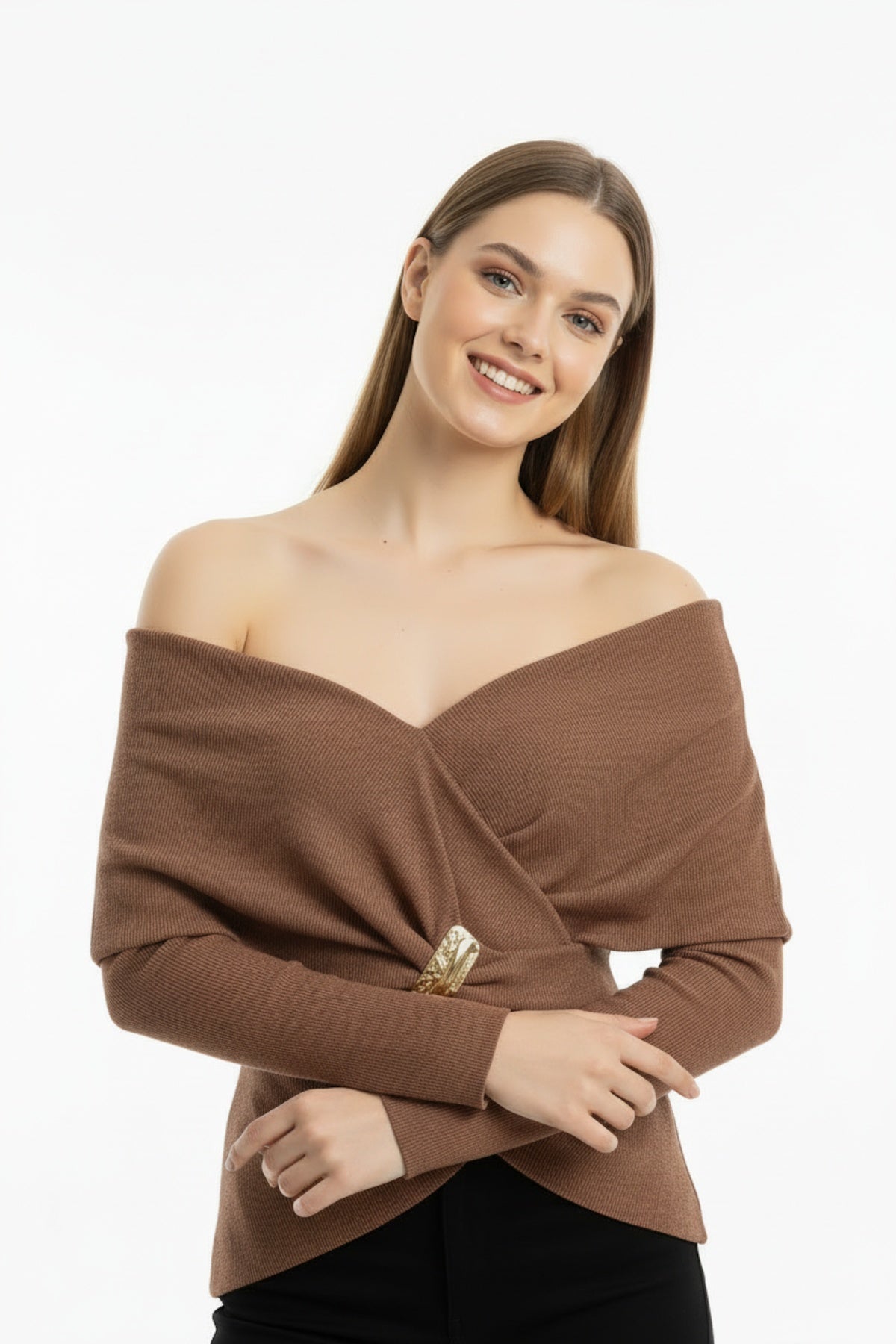 Glamour Shawl - Collar Blouse With Accessory Detail — Brown