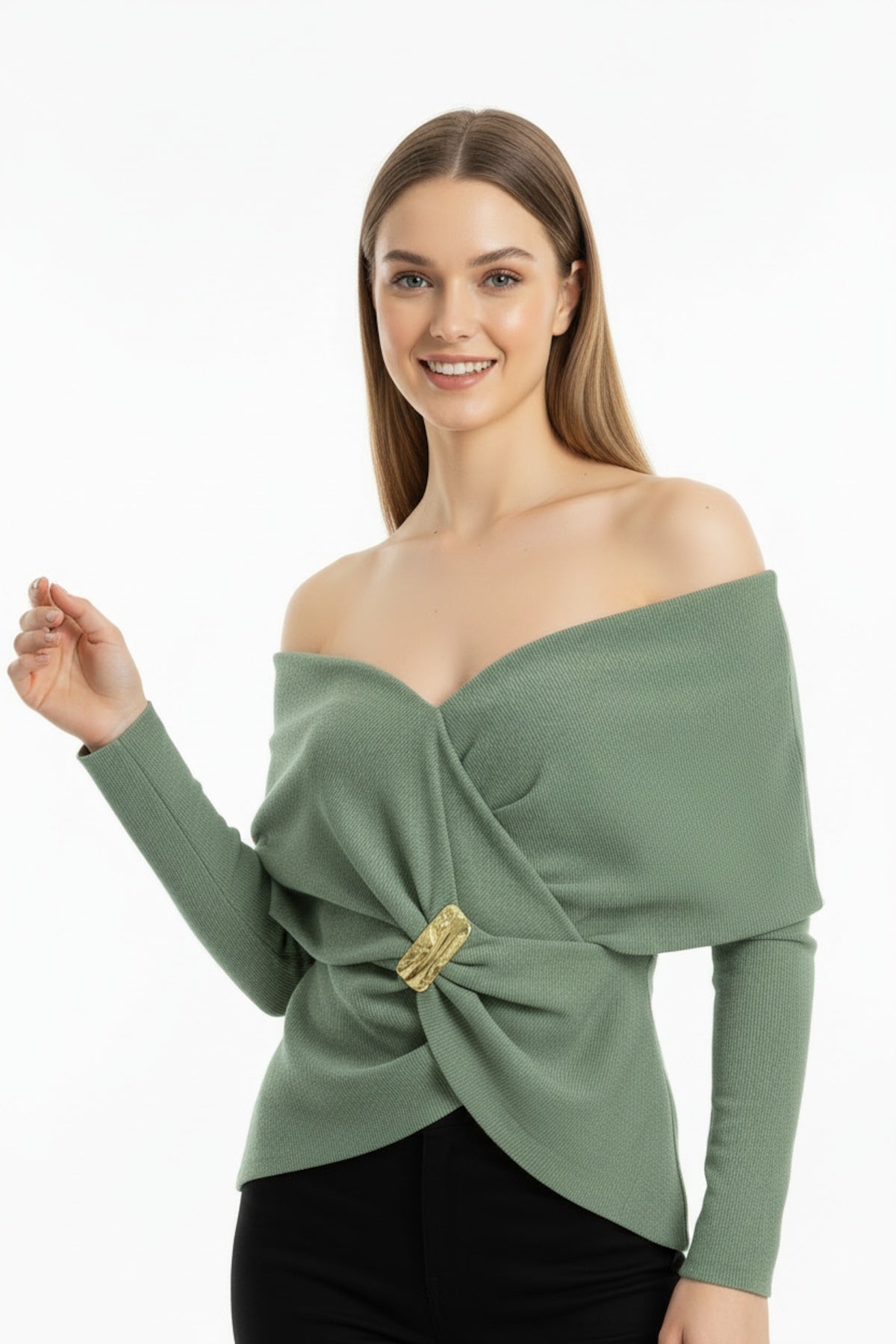 Glamour Shawl - Collar Blouse With Accessory Detail — Light Green