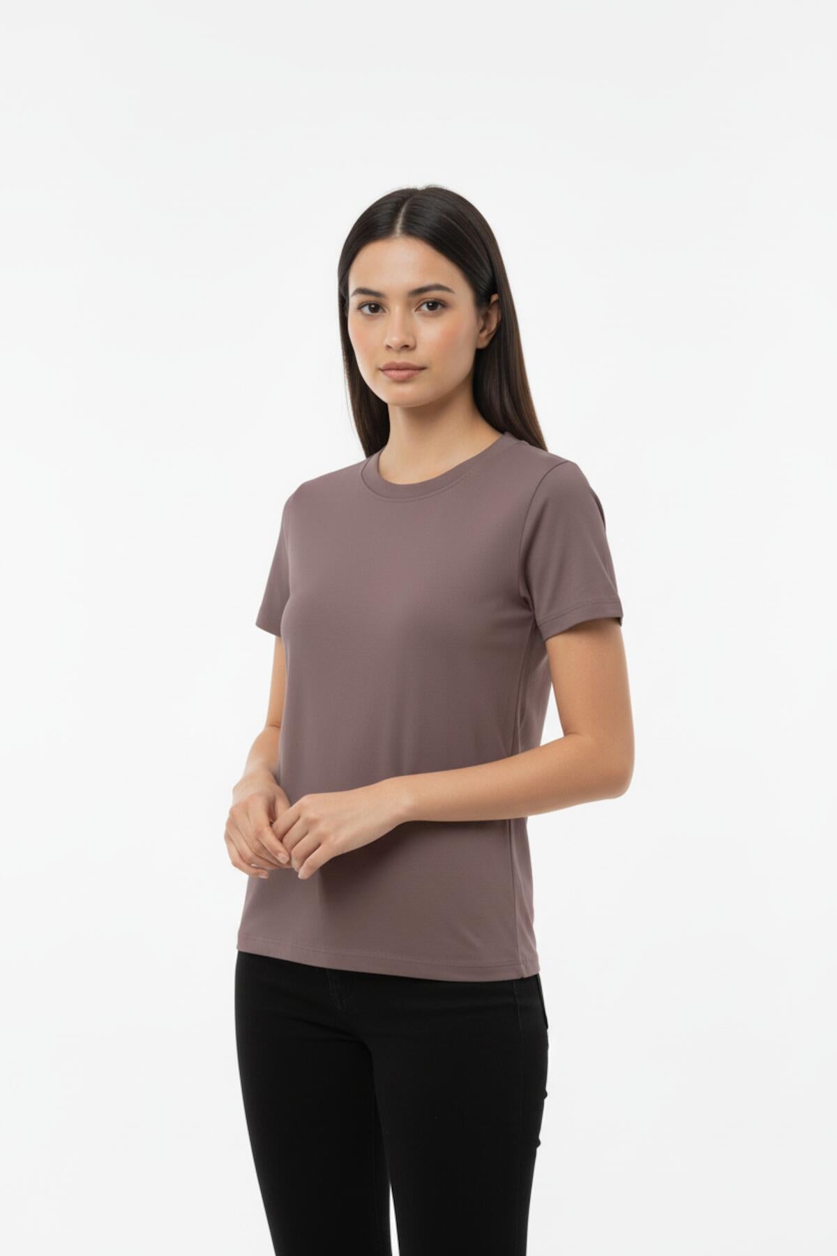 Rundhals-Body-T-Shirt — Hellbraun