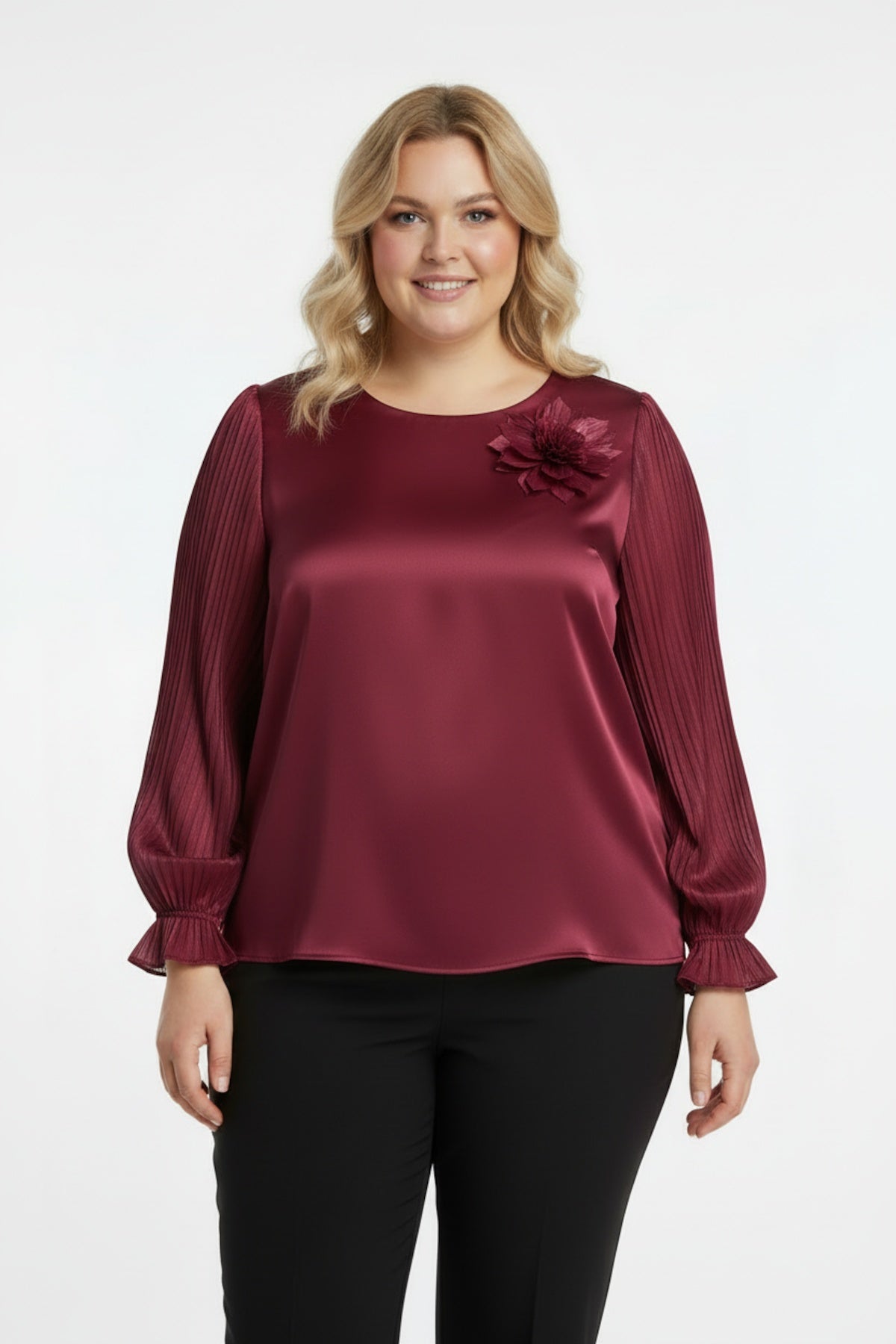 Plus - Size Floral Collar Blouse — Burgundy