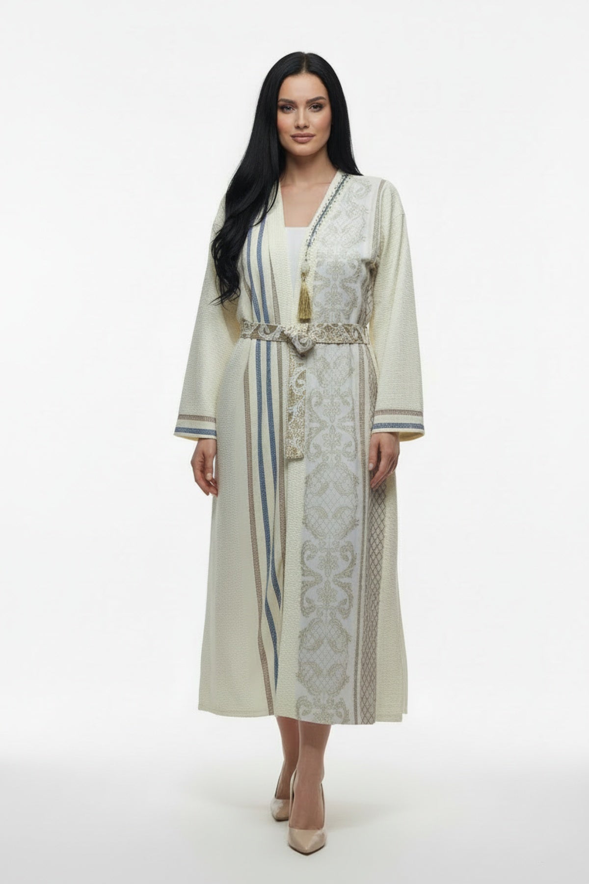 Plus-Size Ferace Jurk Met Gouden Verfraaiing — Ecru