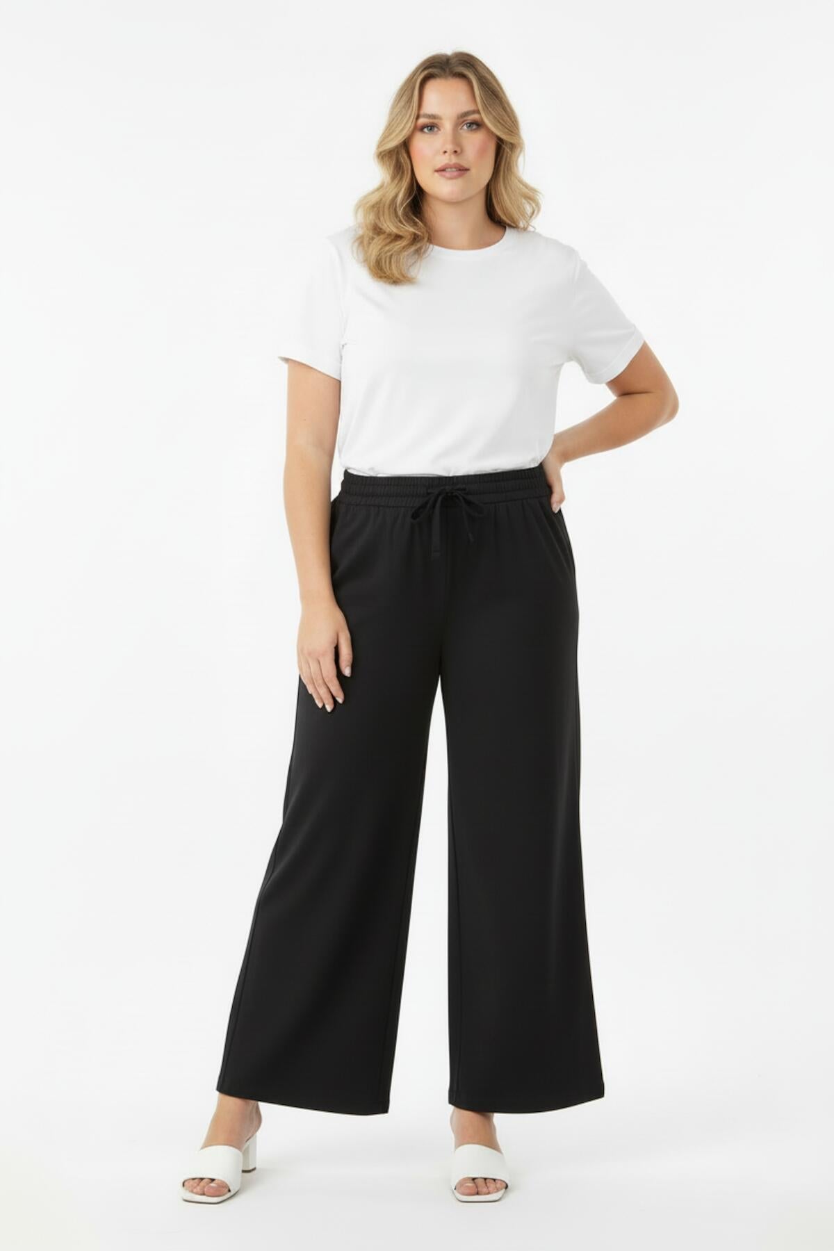 Plus - Size Long Trousers With Elastic Waist — Black