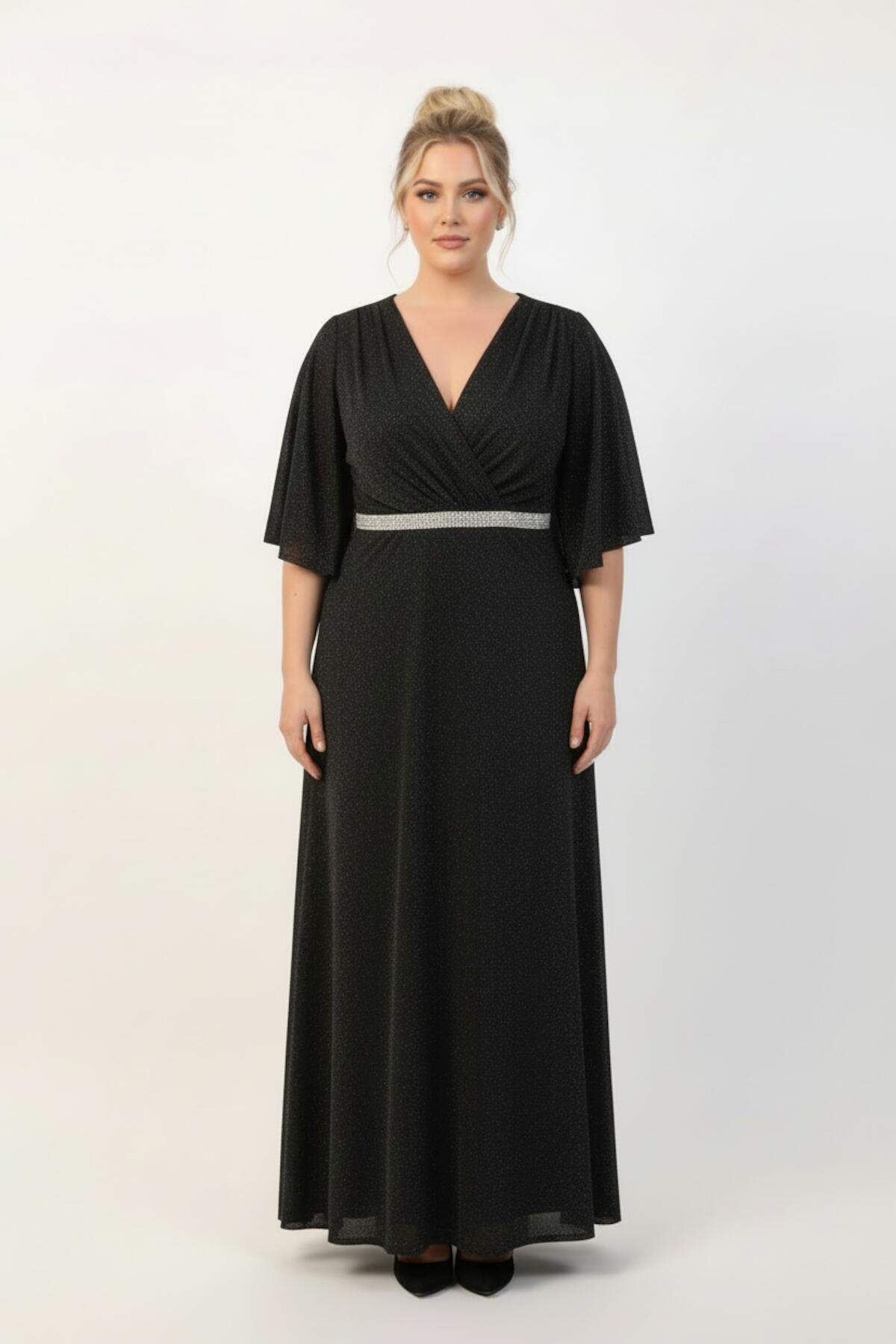 Plus - Size Long Evening Dress With Beaded Waist And Strip Detailing — Black
