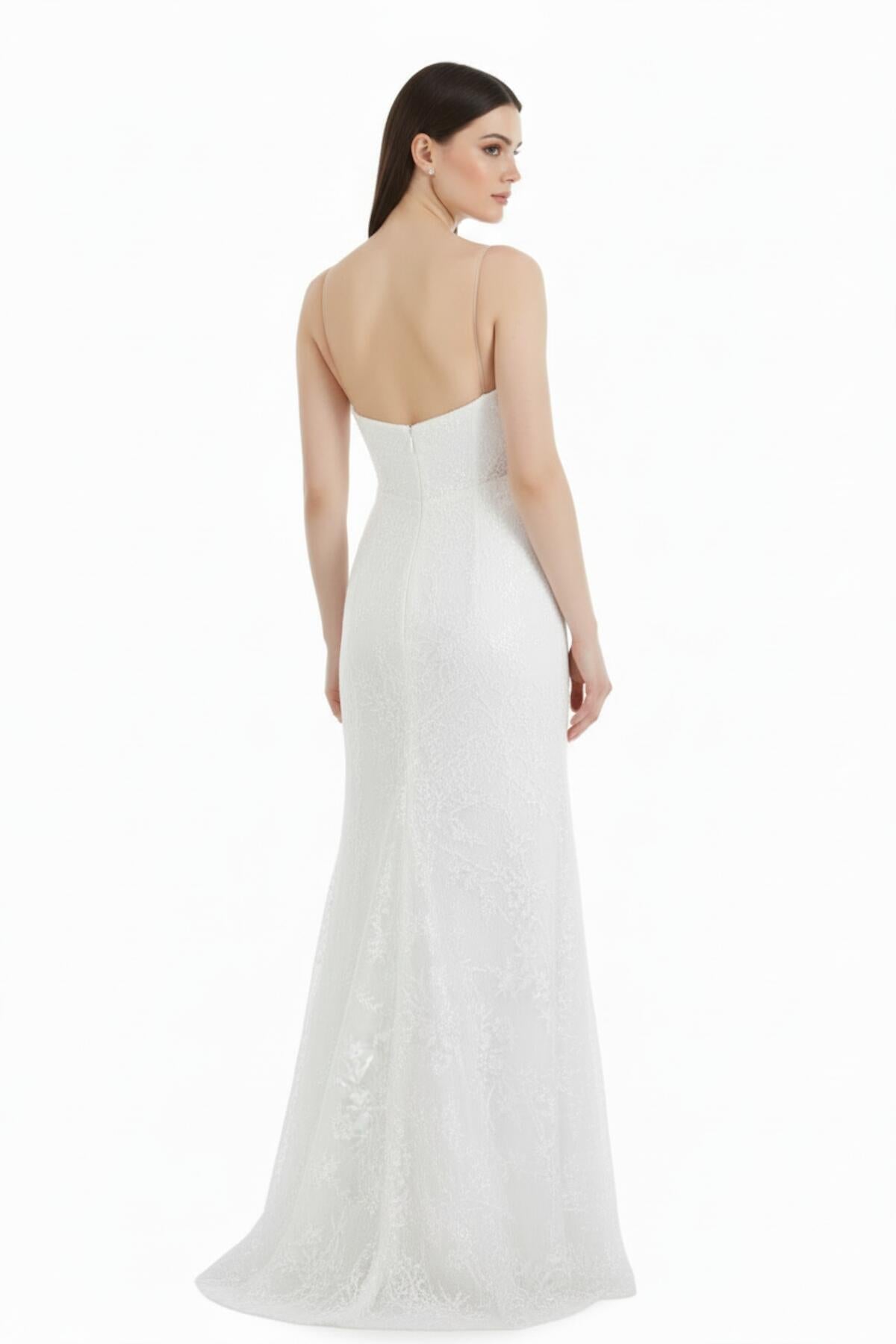 Ärmelloses langes Spitzenabendkleid mit Brustdetail — Weiß