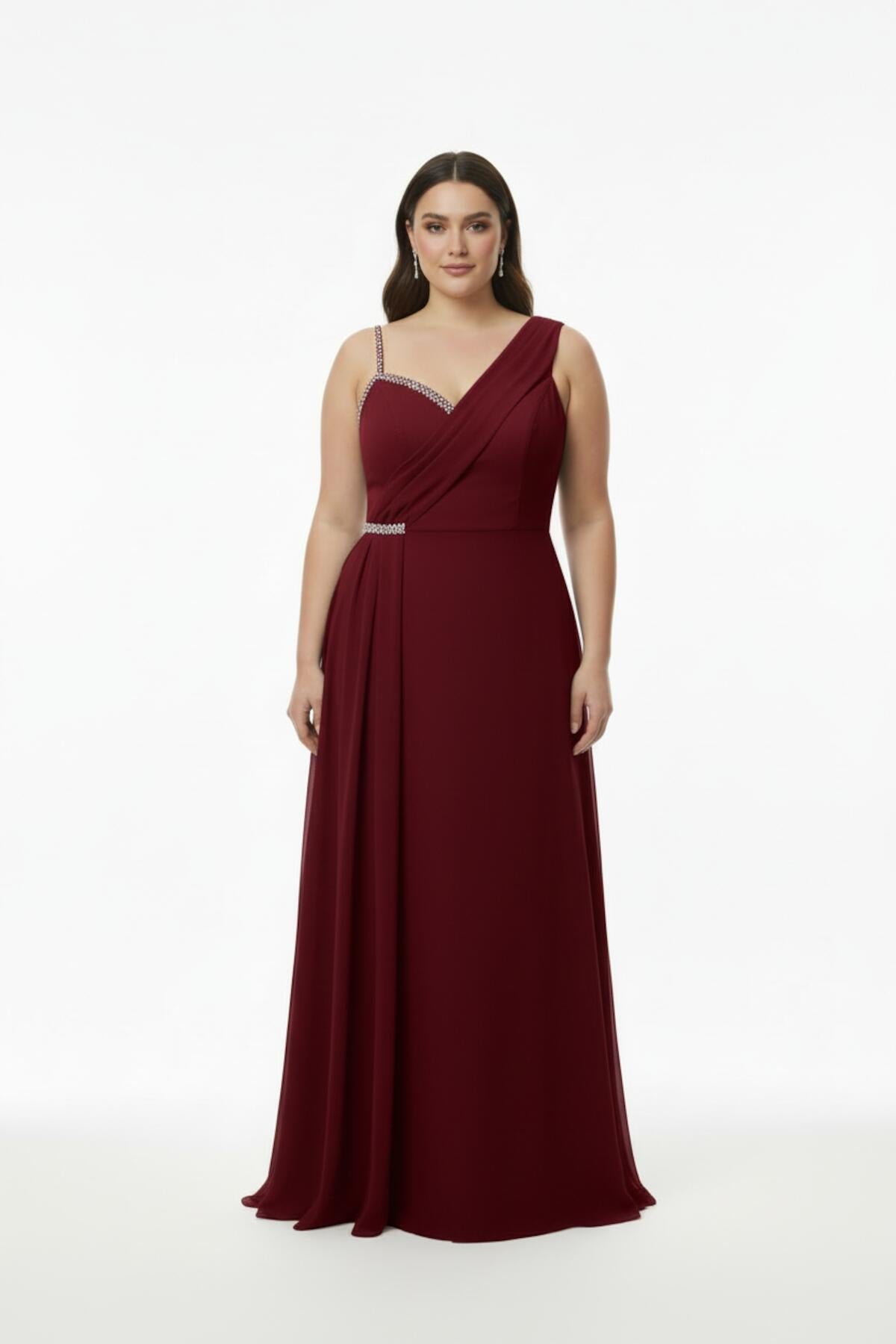 Plus - Size Sleeveless Long Evening Dress, Shaped At Bust And Waist — Burgundy
