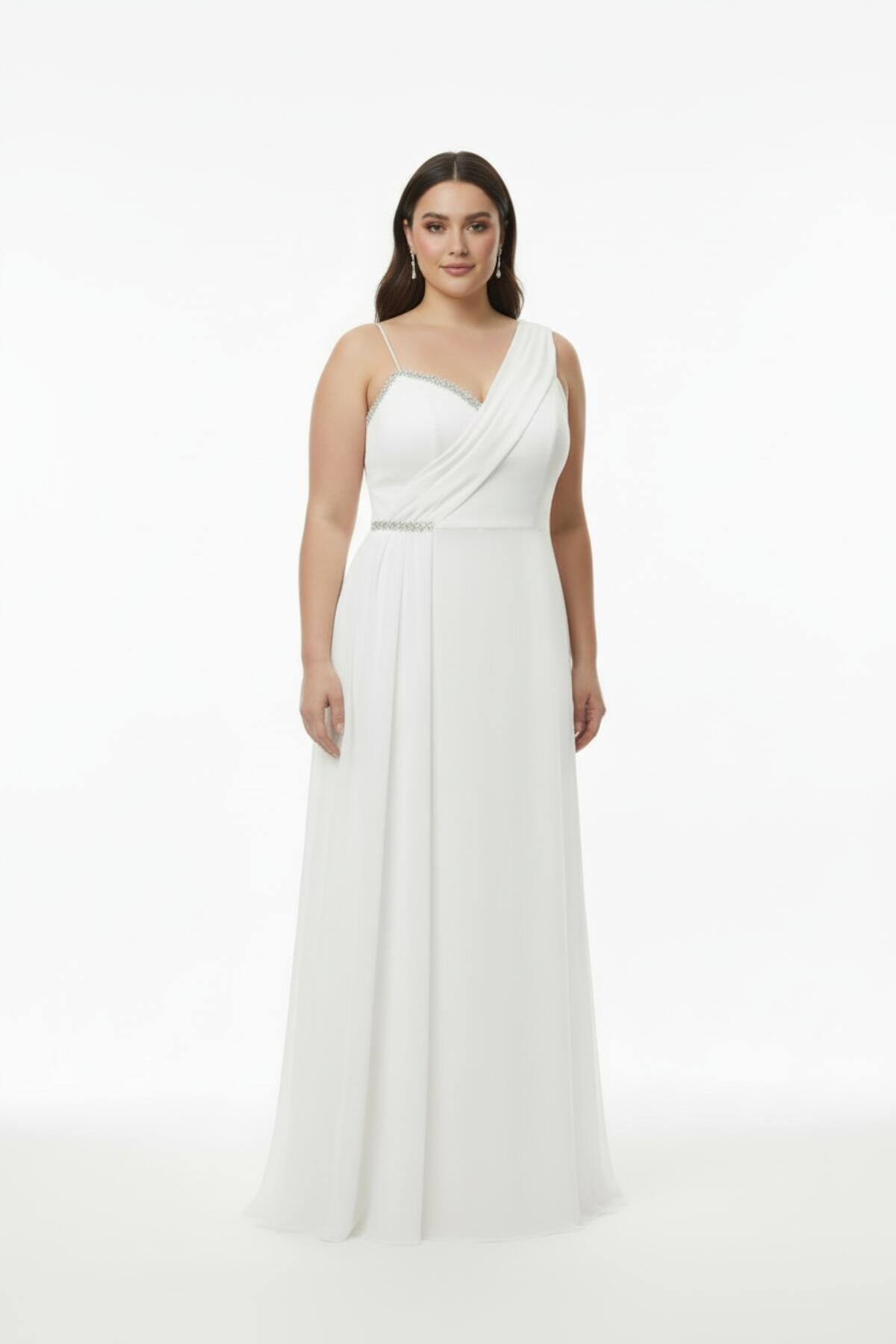 Plus - Size Sleeveless Long Evening Dress, Shaped At Bust And Waist — White