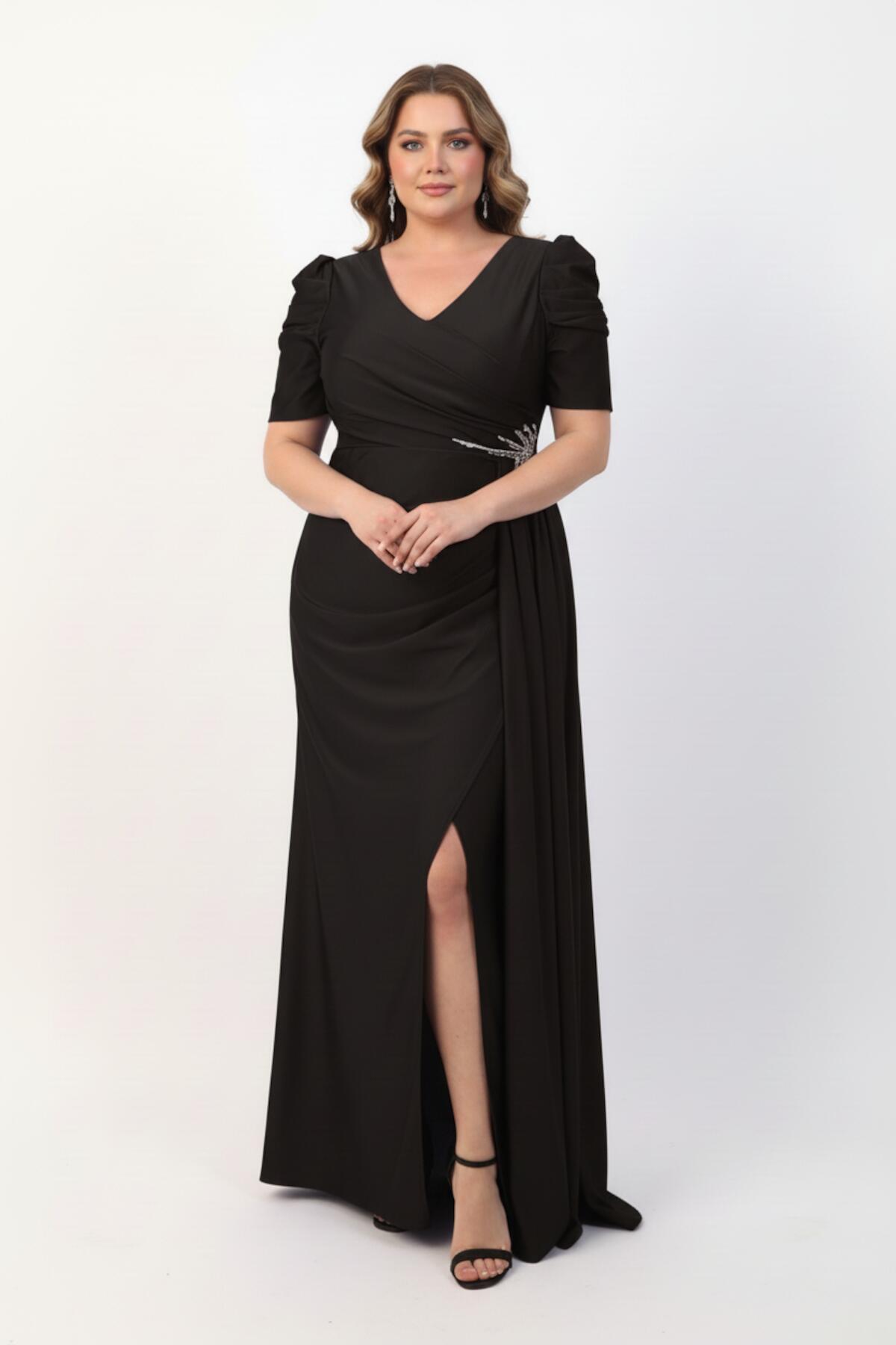 Plus - Size Long Evening Dress With Waist Detail, Short Sleeves — Black