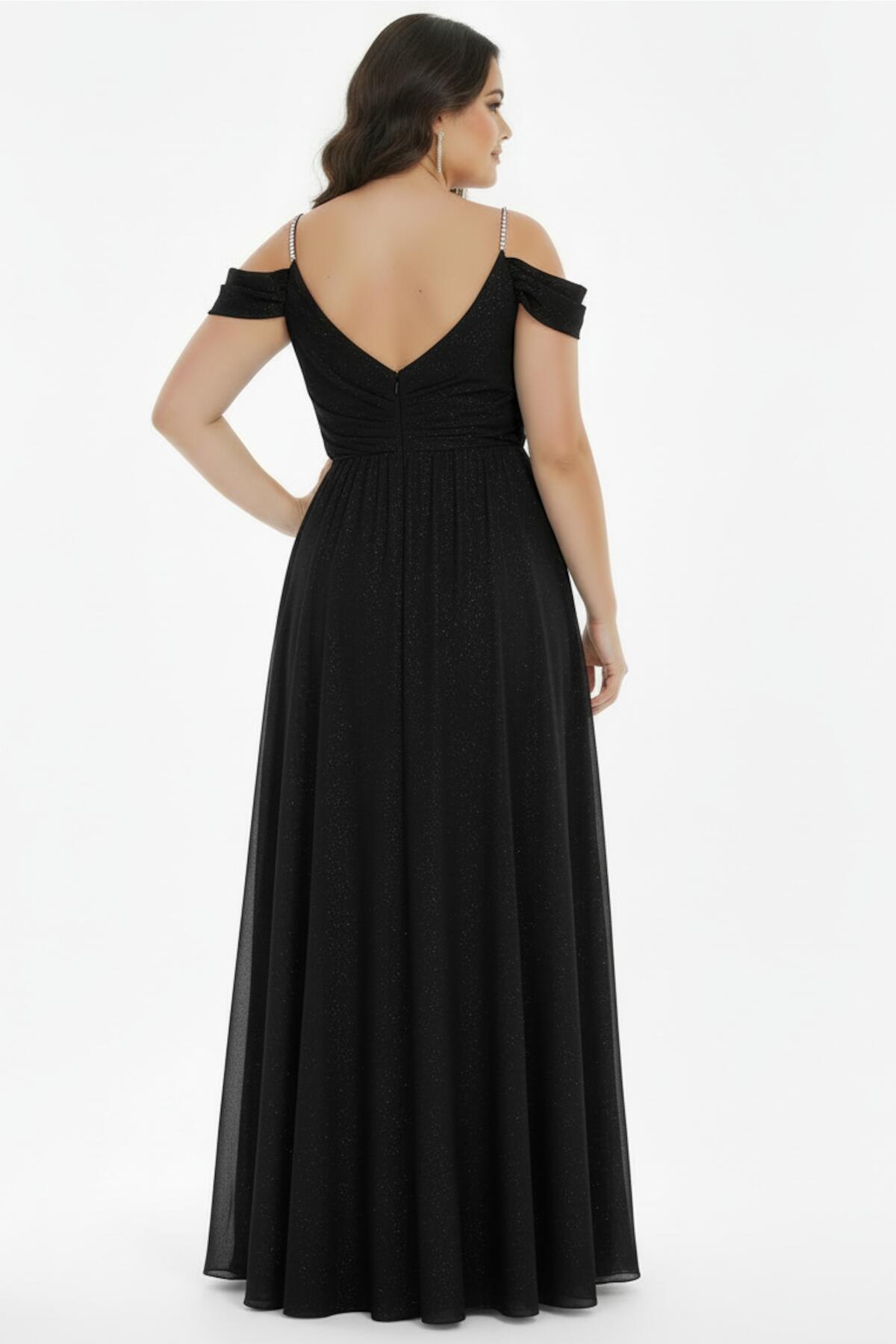 Plus - Size Pleated Long Evening Dress With Chain Straps — Black