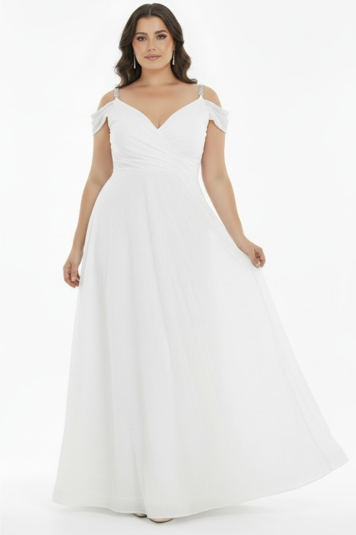 Plus - Size Pleated Long Evening Dress With Chain Straps — White