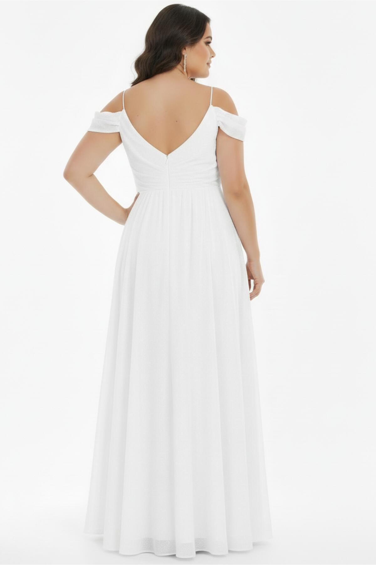 Plus - Size Pleated Long Evening Dress With Chain Straps — White