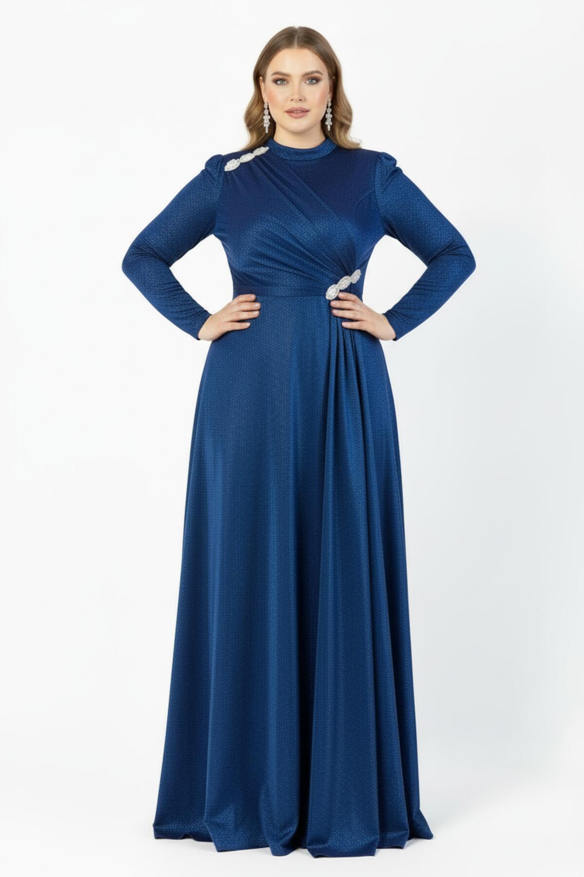 Plus - Size Evening Dress In Royal Blue With Waist & Shoulder Details