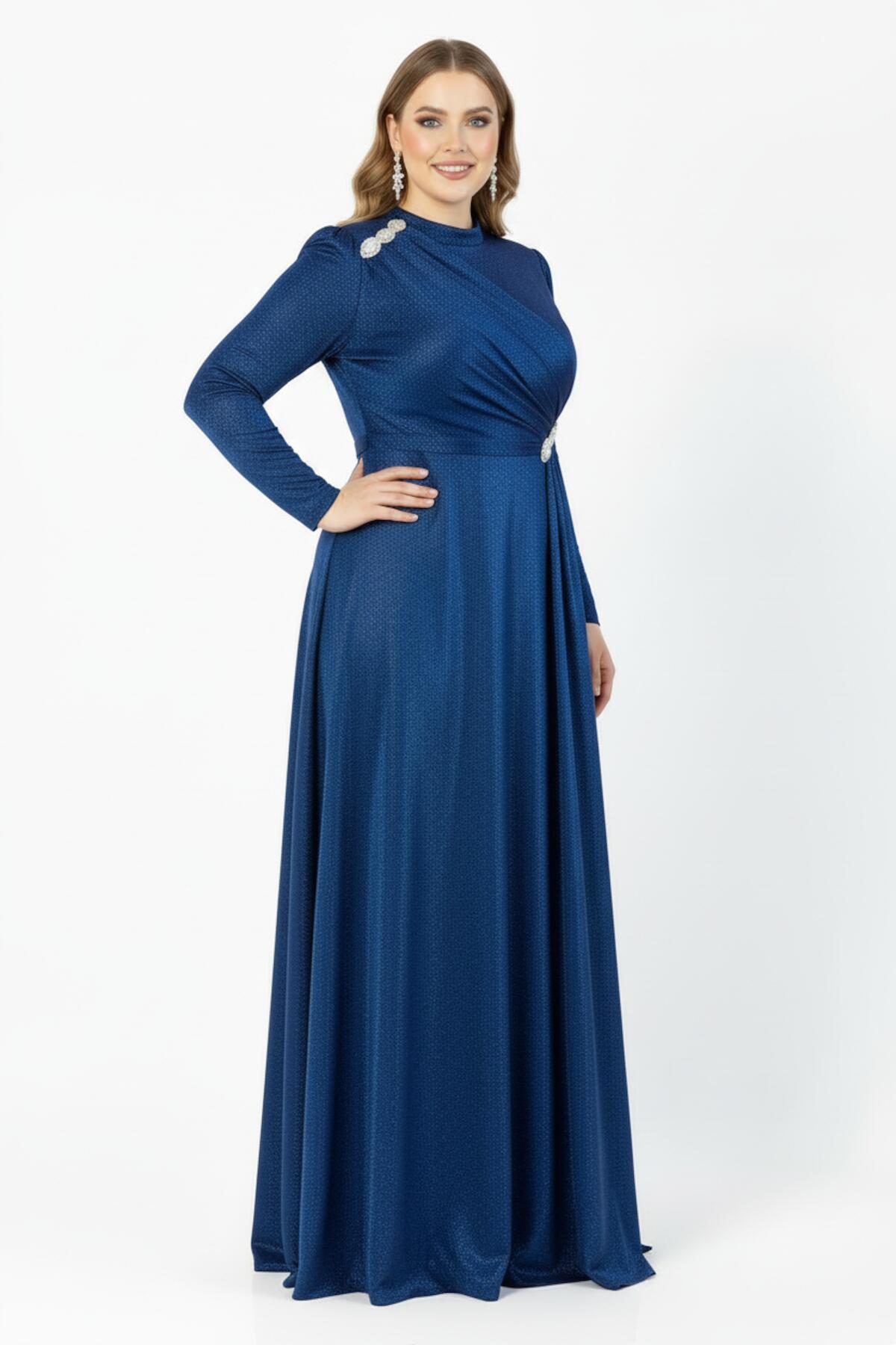 Plus - Size Evening Dress In Royal Blue With Waist & Shoulder Details