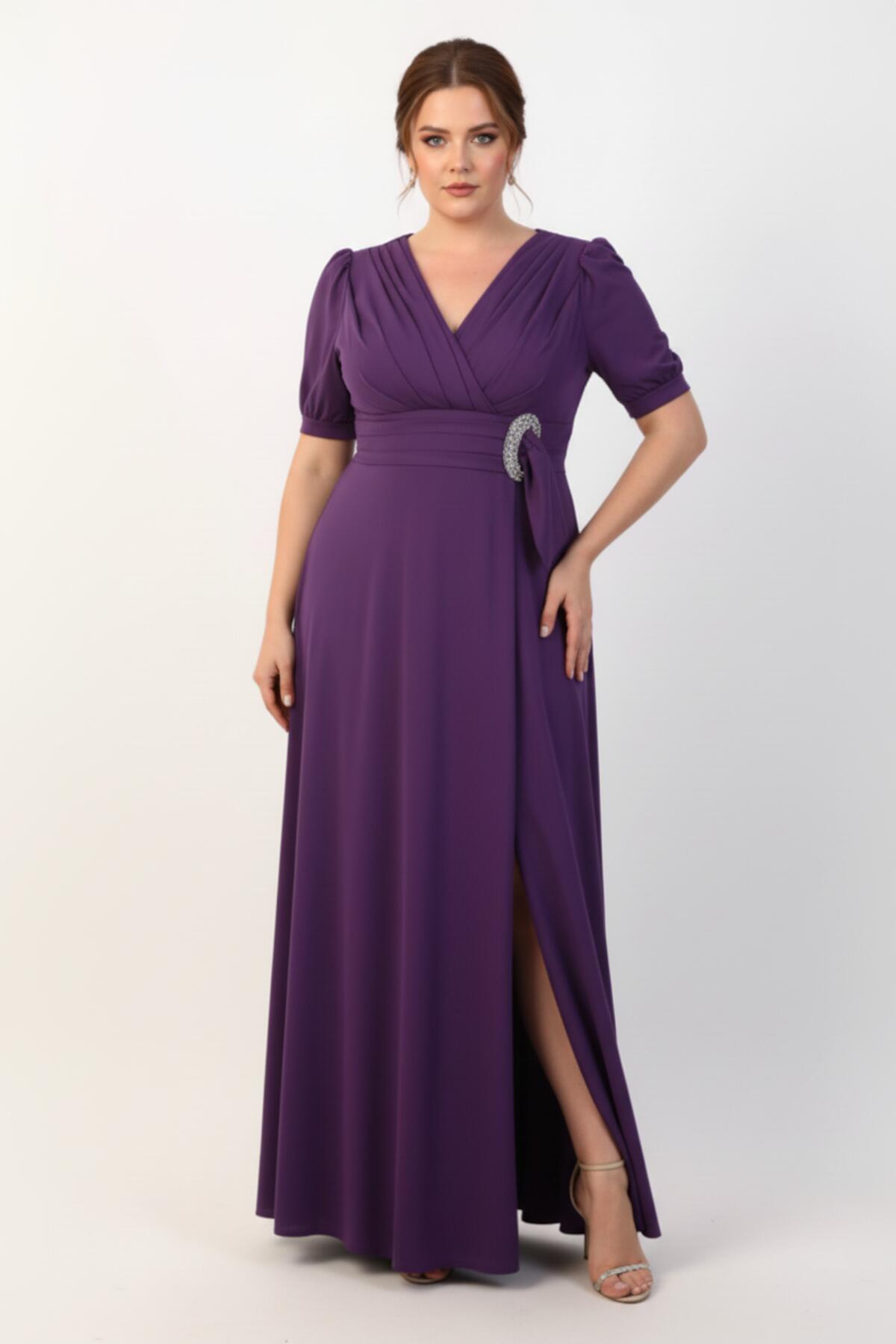 Plus - Size Long Evening Dress With Waist Buckle — Purple