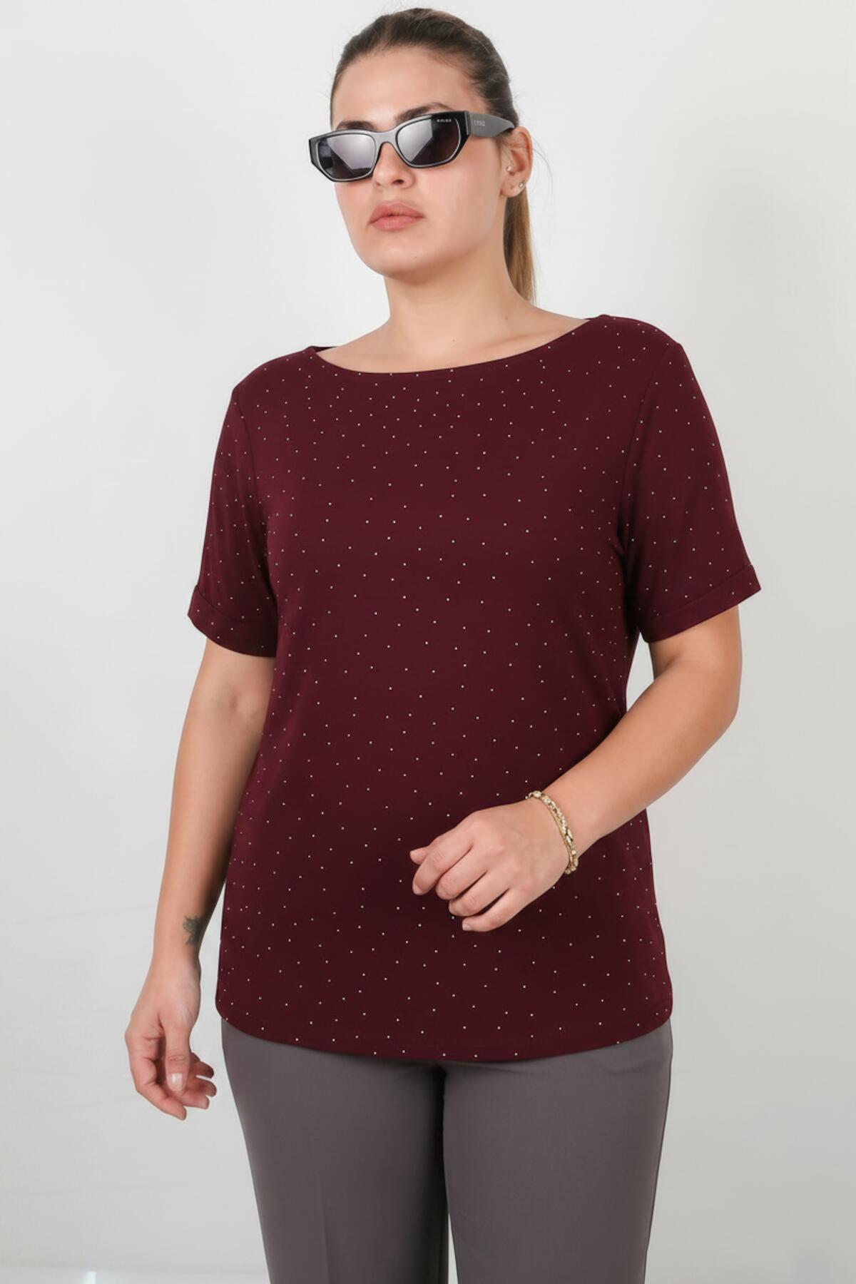 Plus - Size Boat - Neck Blouse With Stone Detail — Burgundy