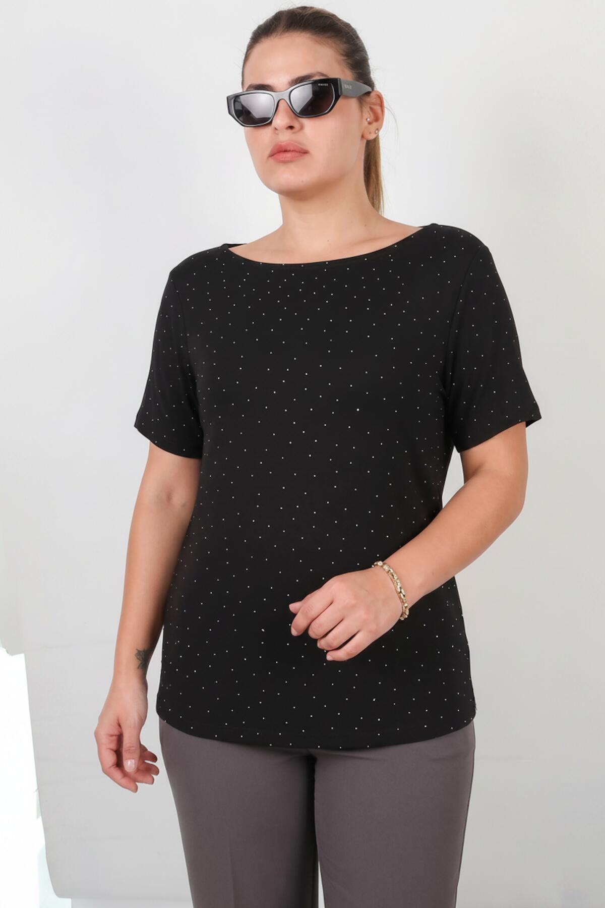 Plus‑Size Boat‑Neck Blouse With Silver Stones, Black