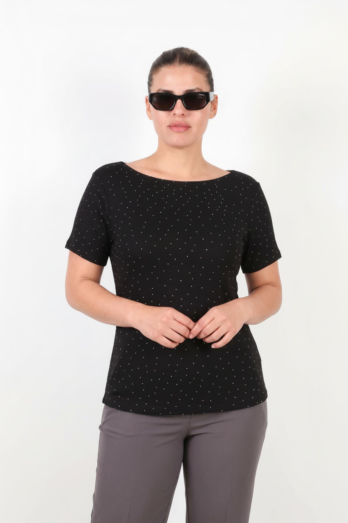 Plus‑Size Boat‑Neck Blouse With Silver Stones, Black