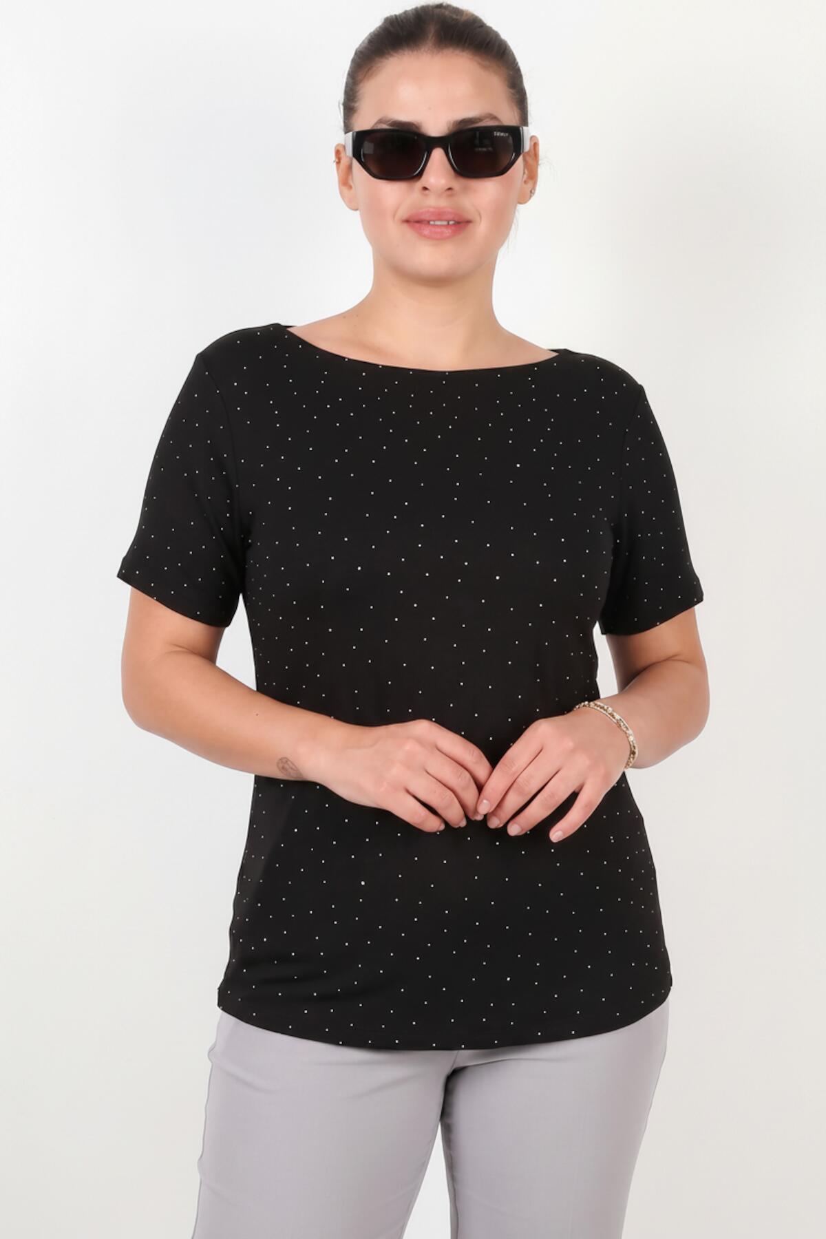 Große Größen: Carmenbluse mit silbernen Steinen, Schwarz