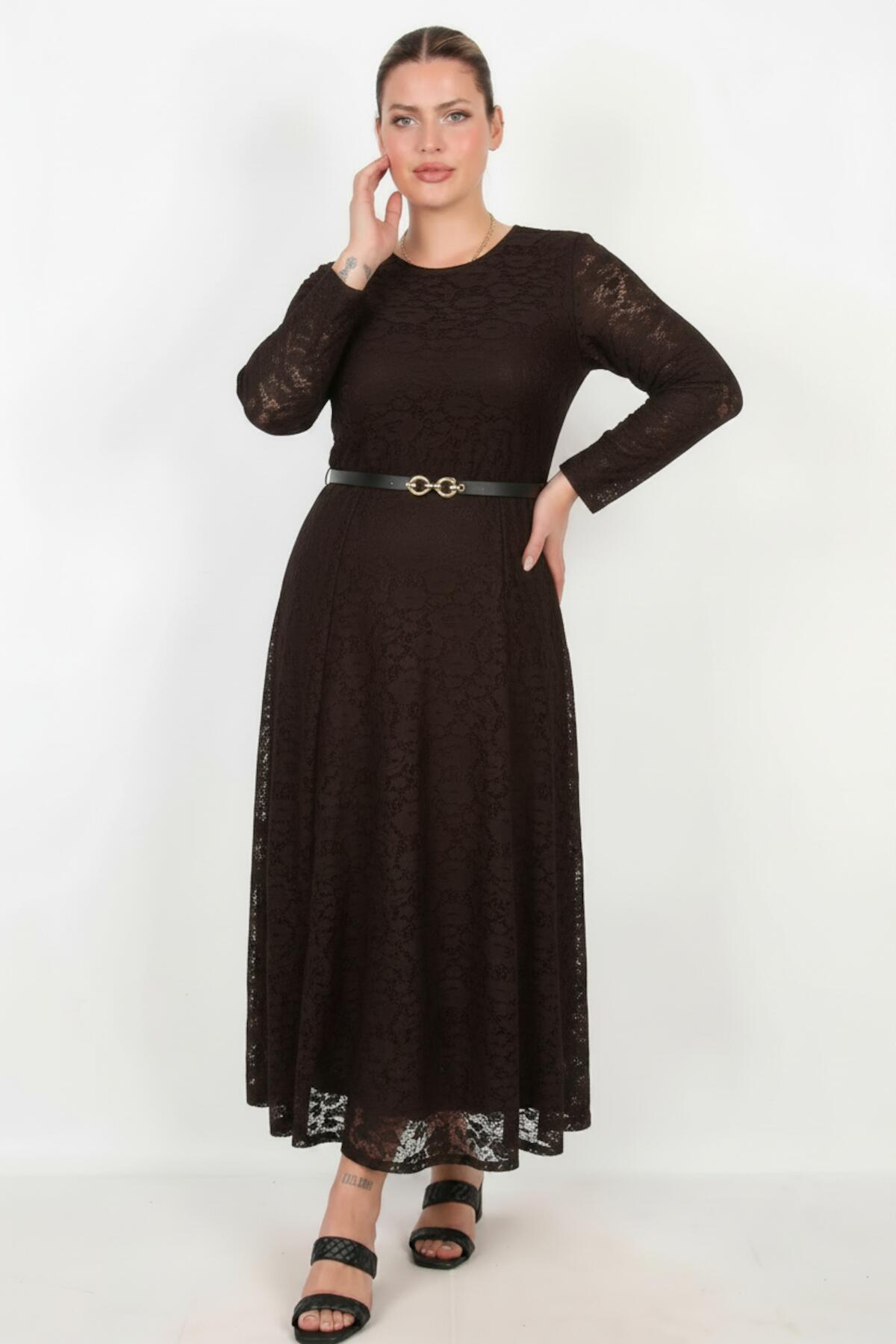 Braunes Spitzen-Langarmkleid – Große Größen