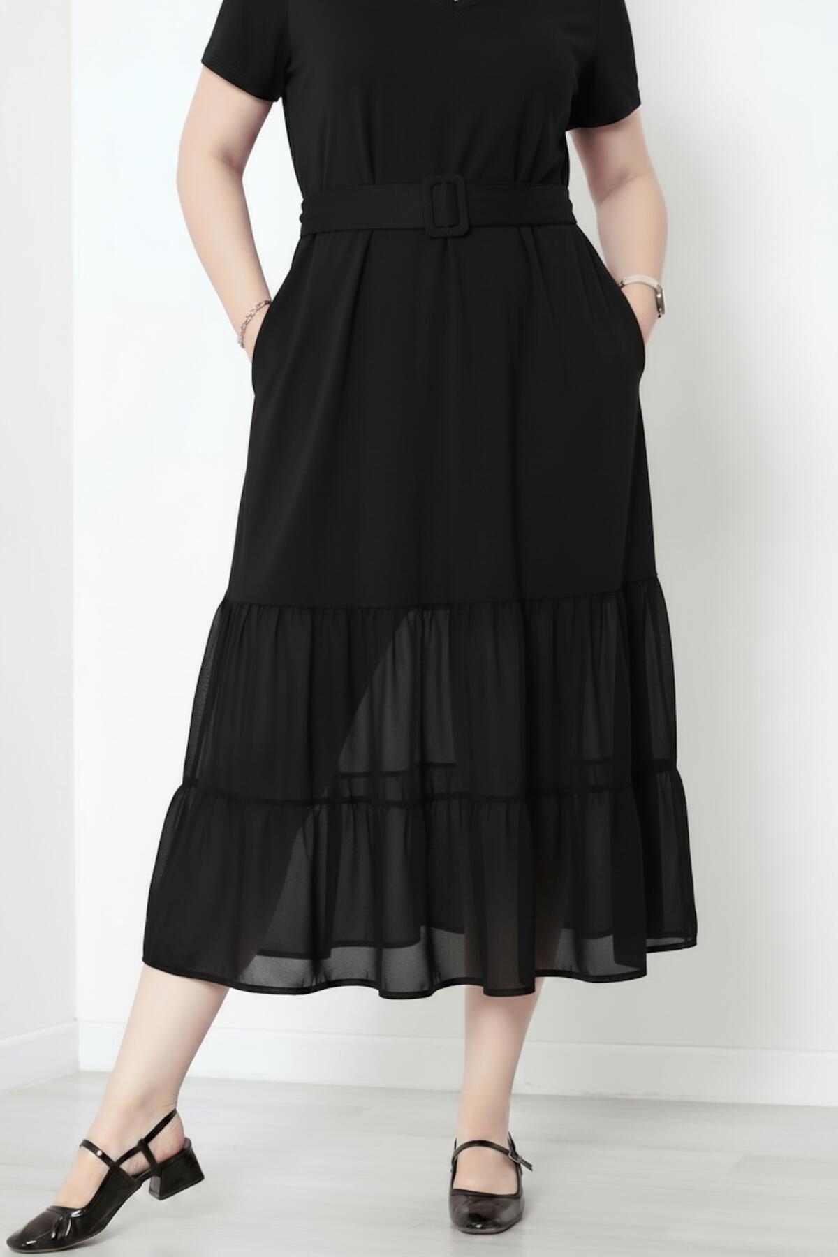 Langes Plus-Size V-Ausschnitt Kleid mit Tüllsaum, Schwarz