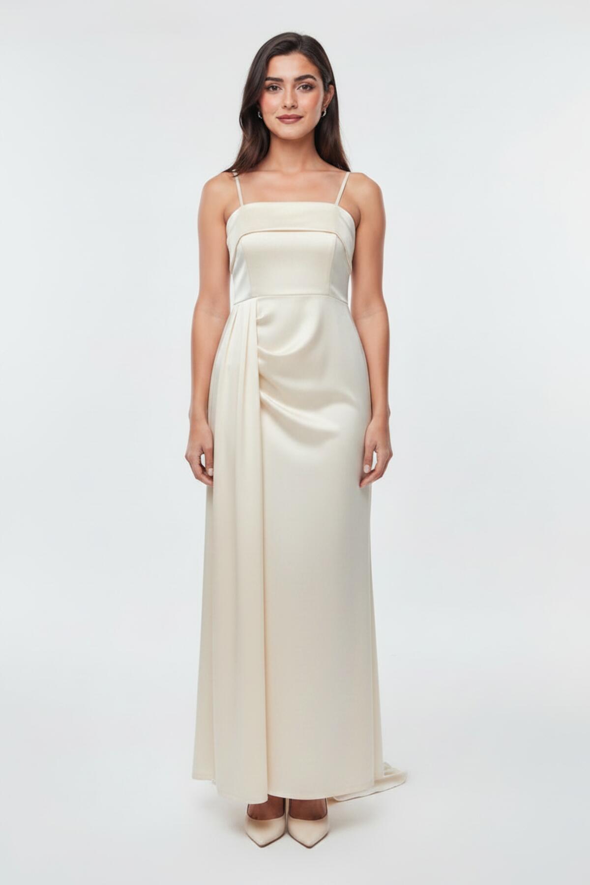 Pleated Sleeveless Long Evening Dress — Off - White