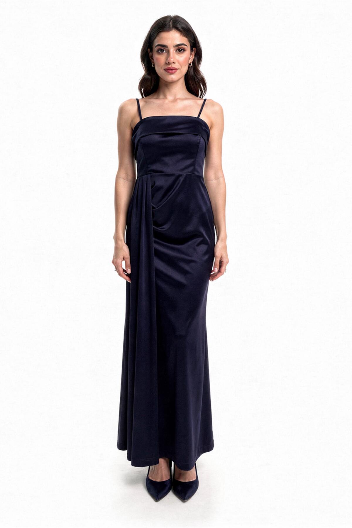 Pleated Sleeveless Long Evening Dress — Navy