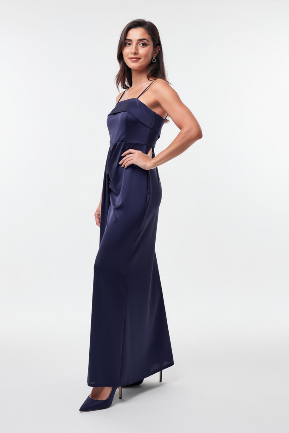 Pleated Sleeveless Long Evening Dress — Navy