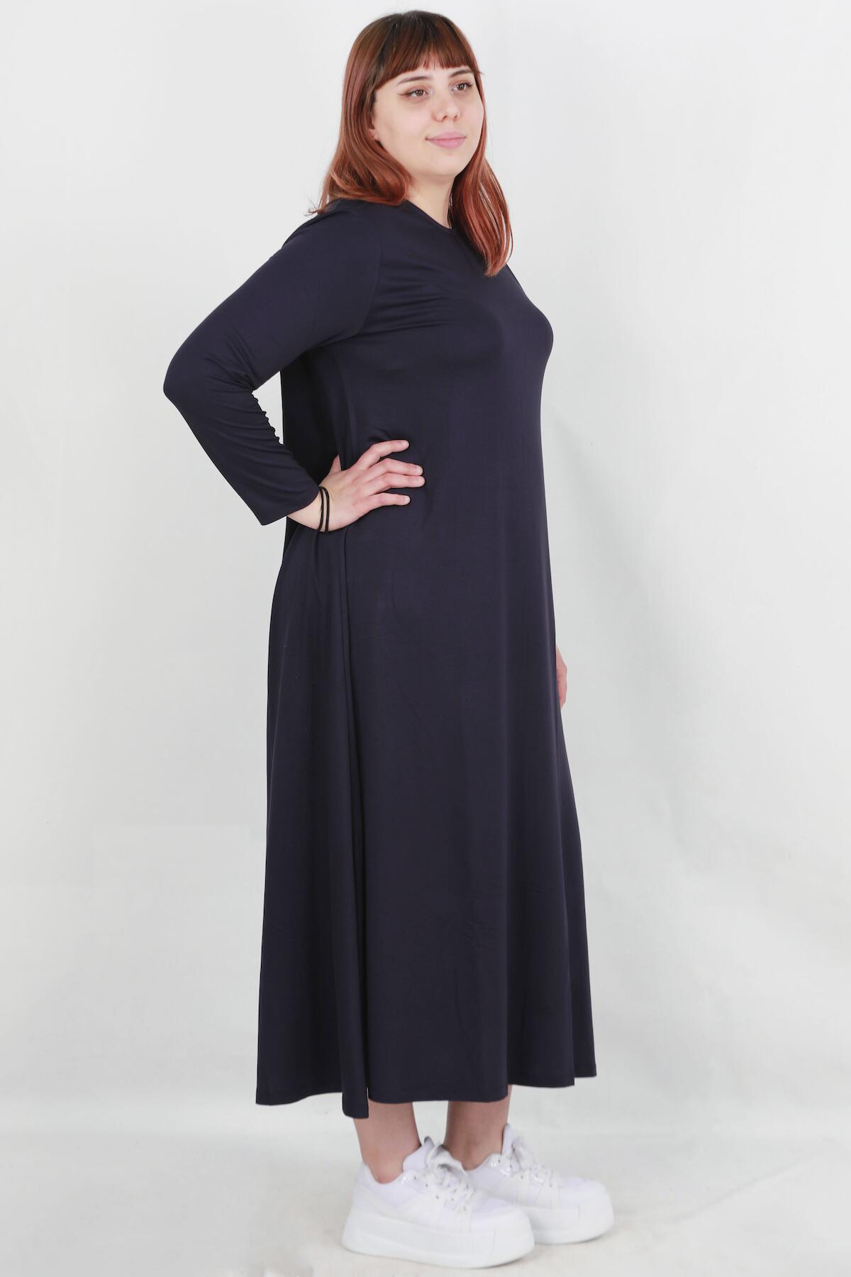 Große Größen: Lässiges Langarmkleid – Marineblau