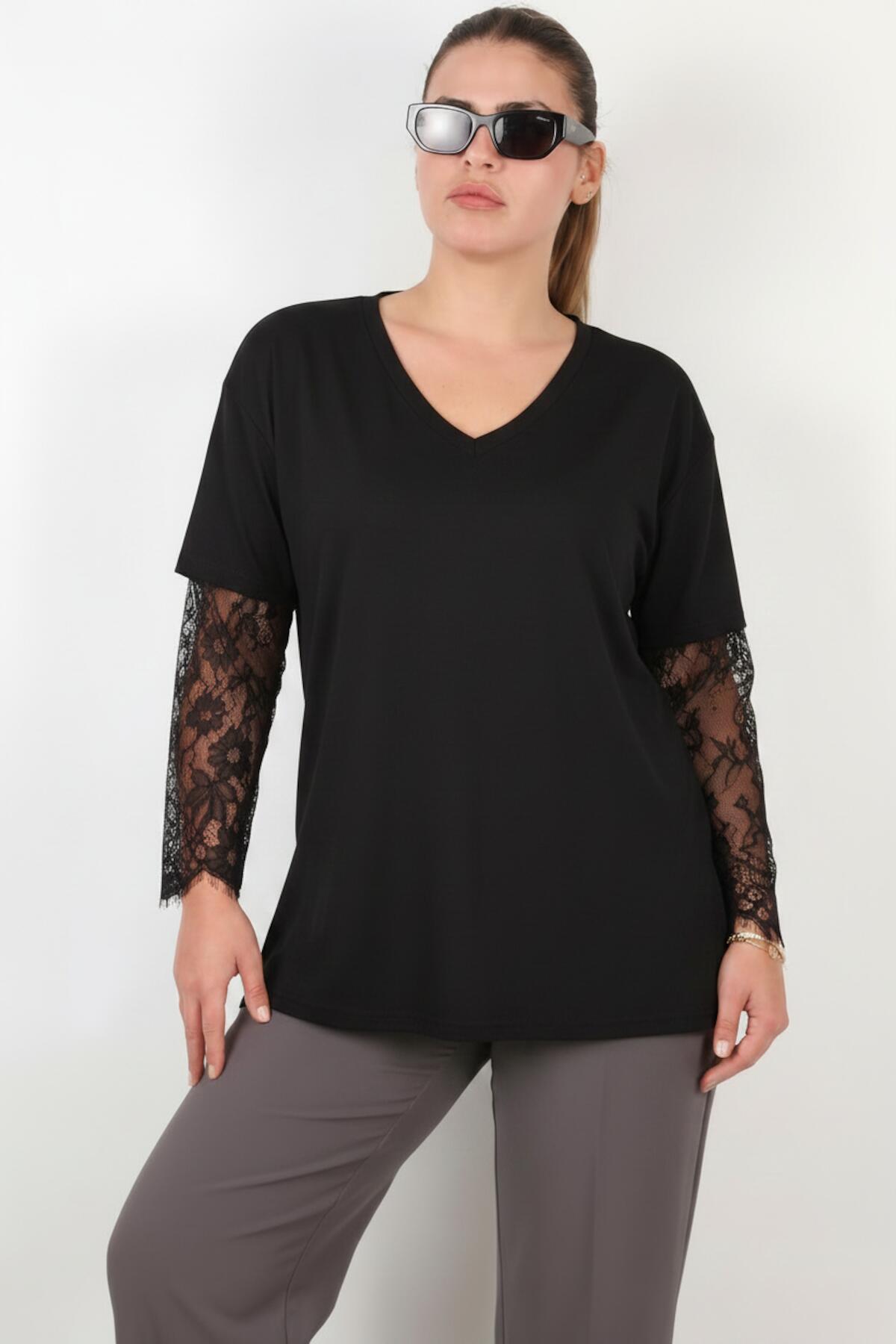 Plus - Size Lace - Sleeve Blouse — Black