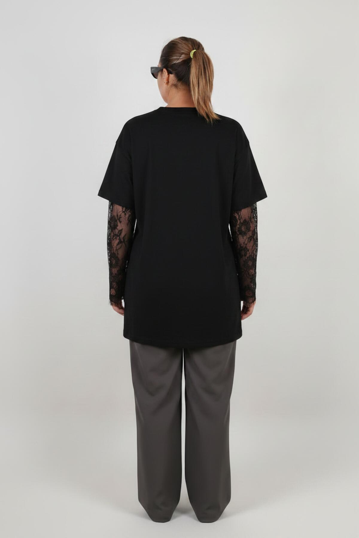 Spitzenbluse mit weiten Ärmeln – Schwarz