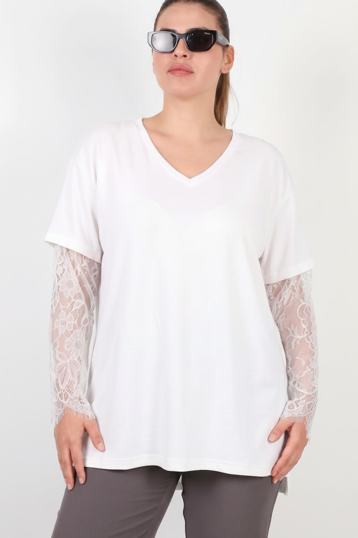 Plus - Size V - Neck Blouse With Lace Sleeves — White