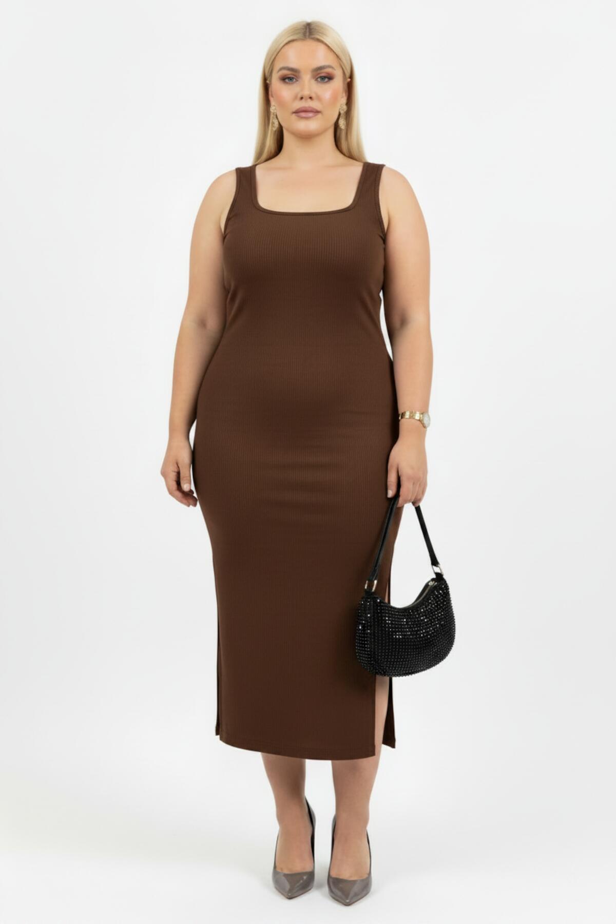 Ärmelloses Plus-Size-Kleid mit eckigem Ausschnitt – Braun