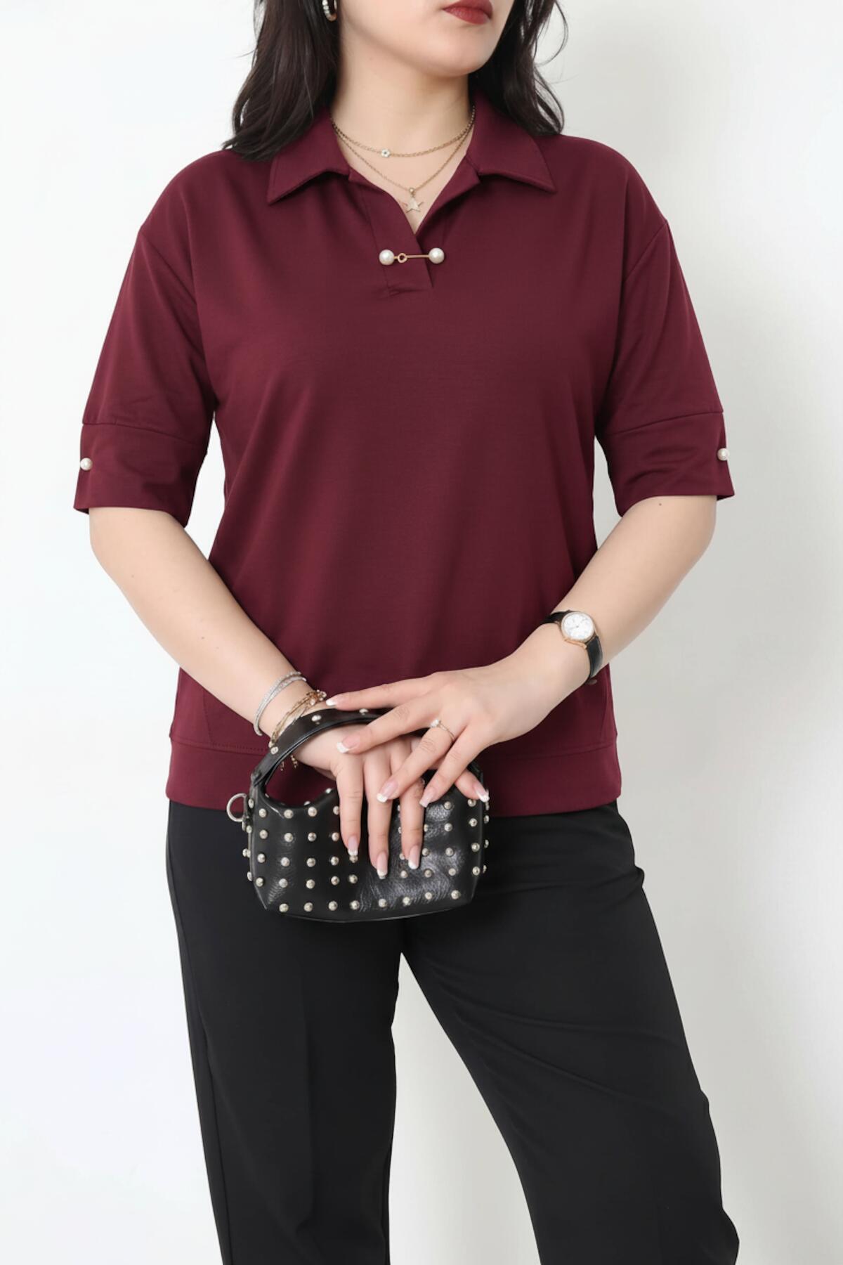 Plus - Size Blouse With Pearl Collar — Burgundy