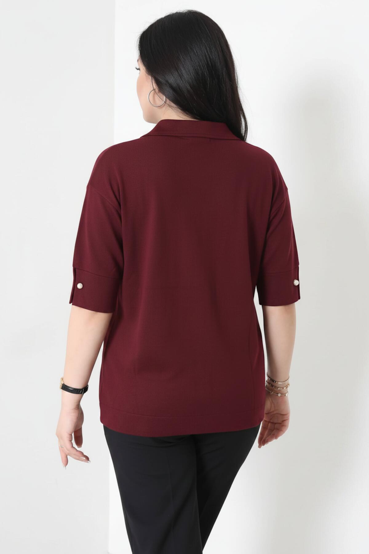 Große Größen Bluse mit Perlenkragen — Bordeauxrot
