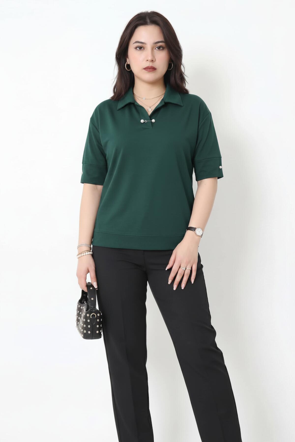 Plus - Size Pearl - Collar Blouse, Emerald