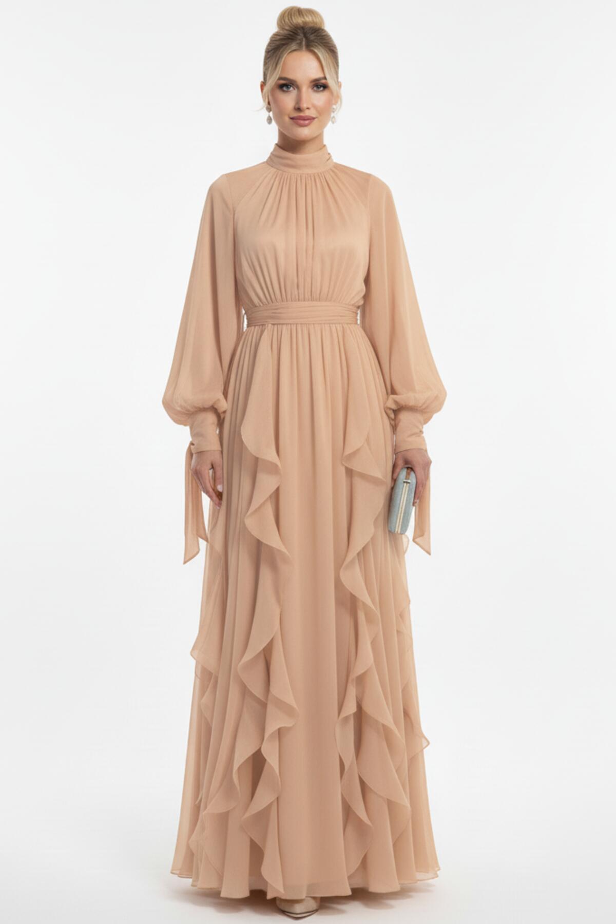 Bouclé Long - Sleeve Evening Dress — Beige