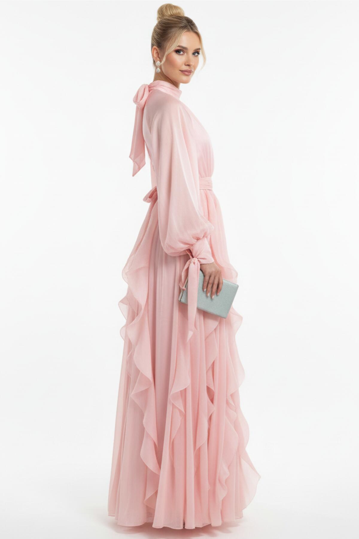 Bouclé-Abendkleid mit langen Ärmeln, Puderrosa