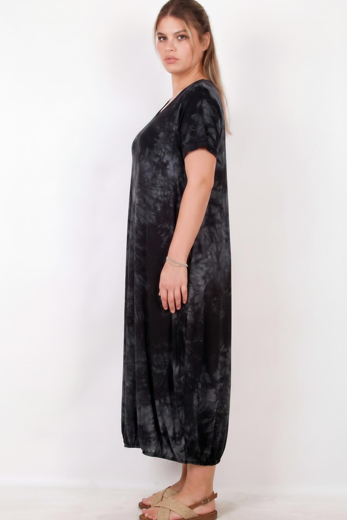 Kurzärmeliges Plus-Size-Kleid mit Druckknopfsaum – Schwarz