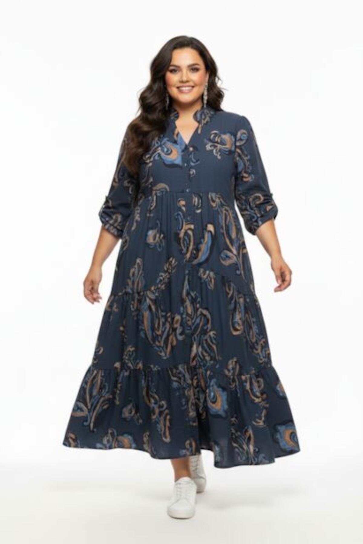 Plus - Size Maxi Dress With Partial Button Placket — Blue