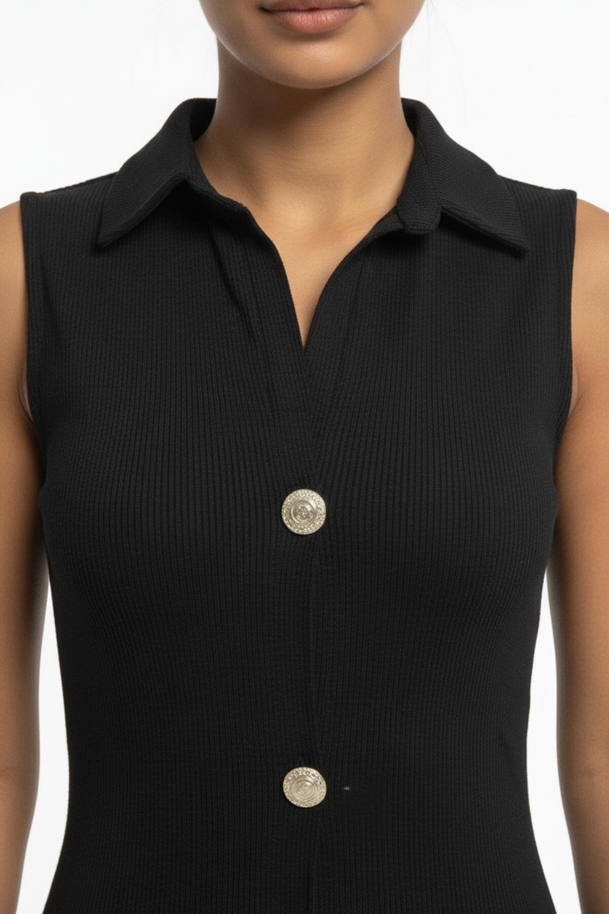 Long Ottoman Dress With Button Placket — Black