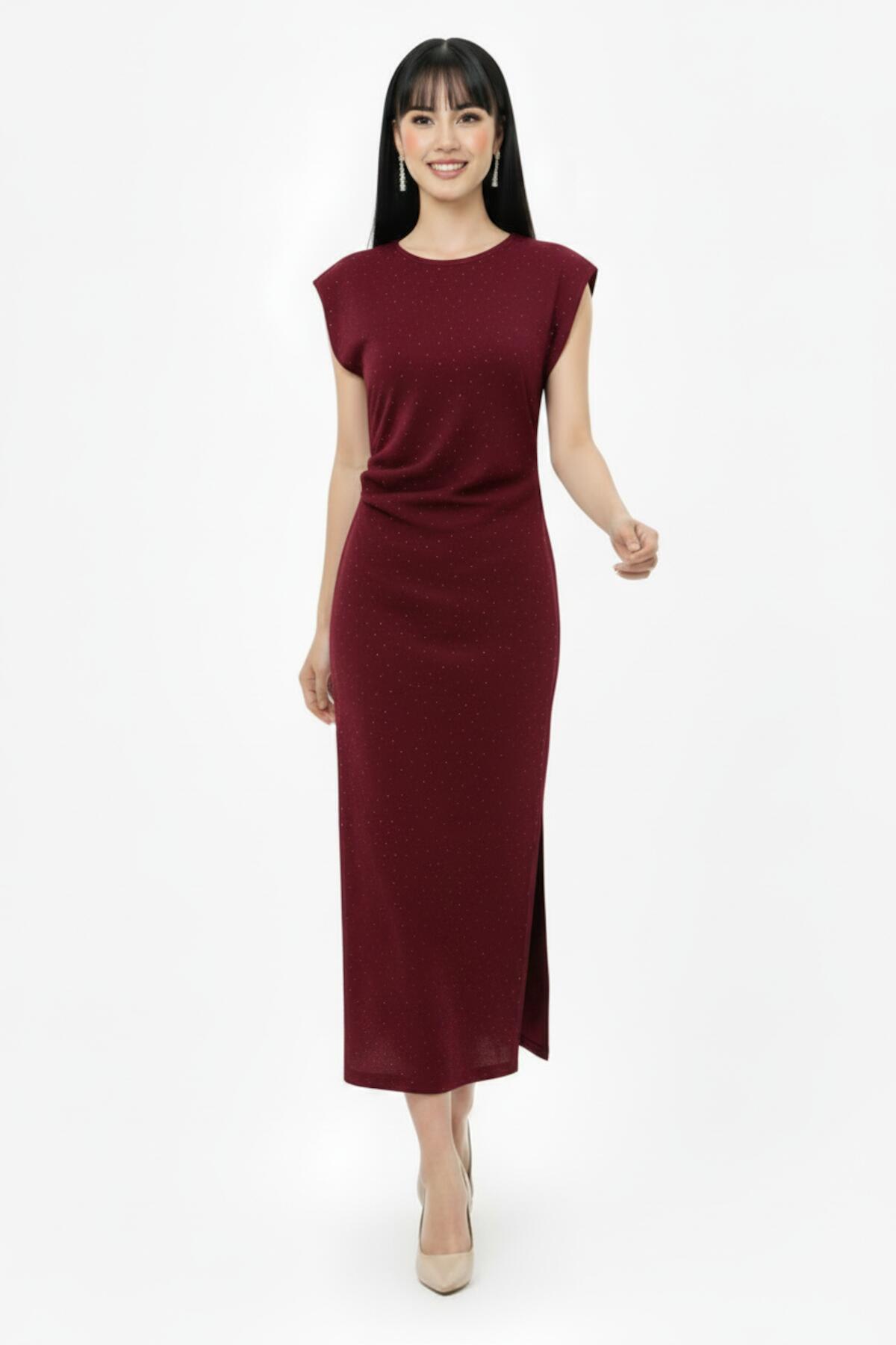 Ruched‑Waist Stone‑Embellished Dress — Burgundy