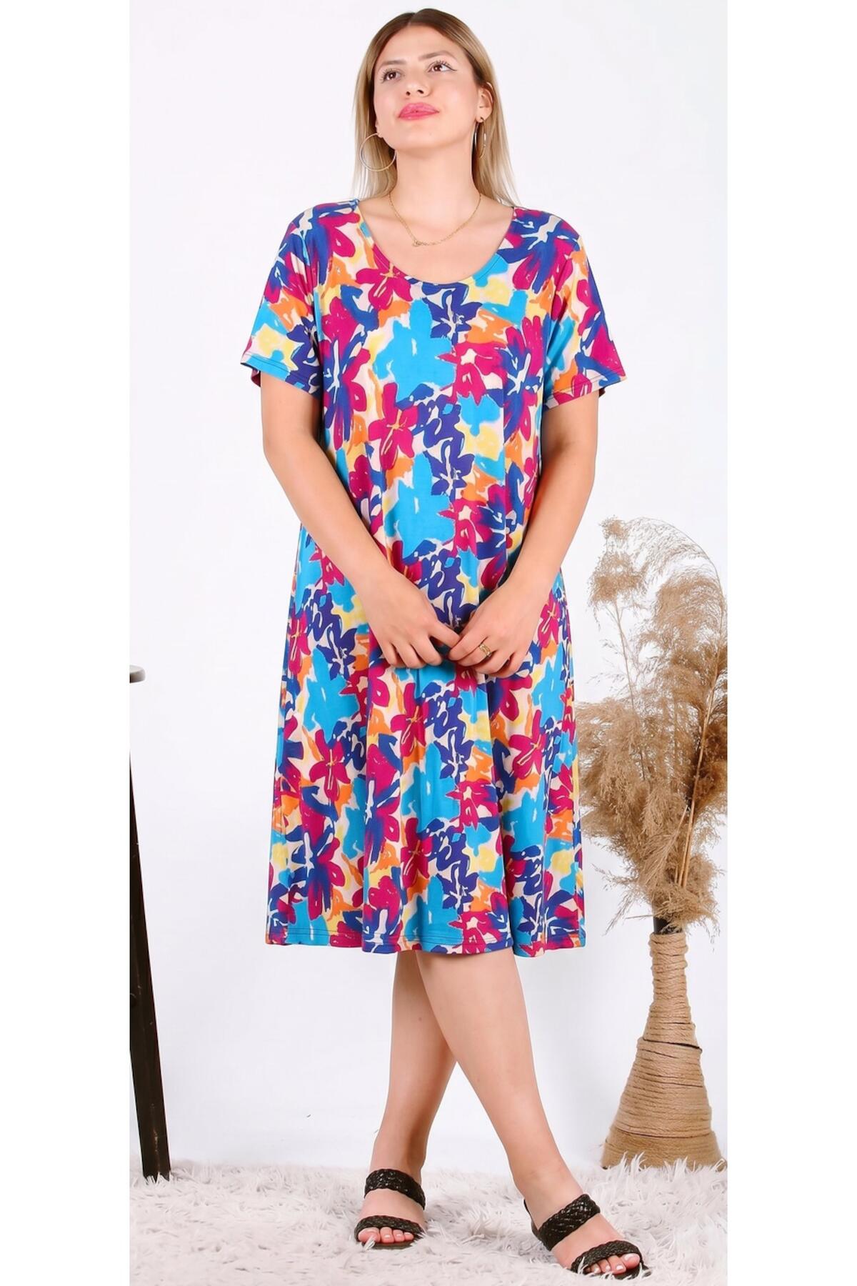 Grote Maten Jurk met Korte Mouwen — Blauw