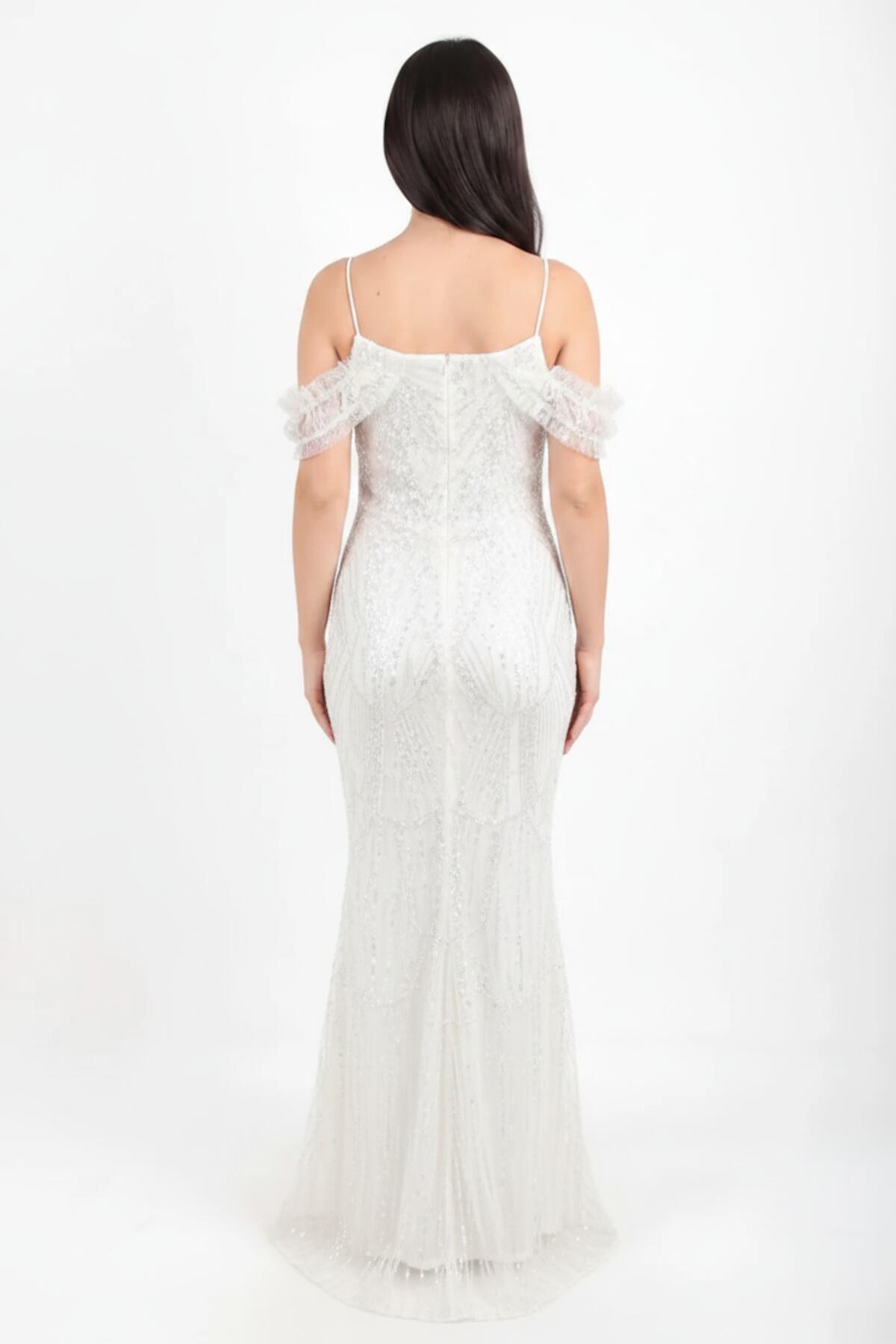 White Off - Shoulder Sequin And Beaded Evening Dress