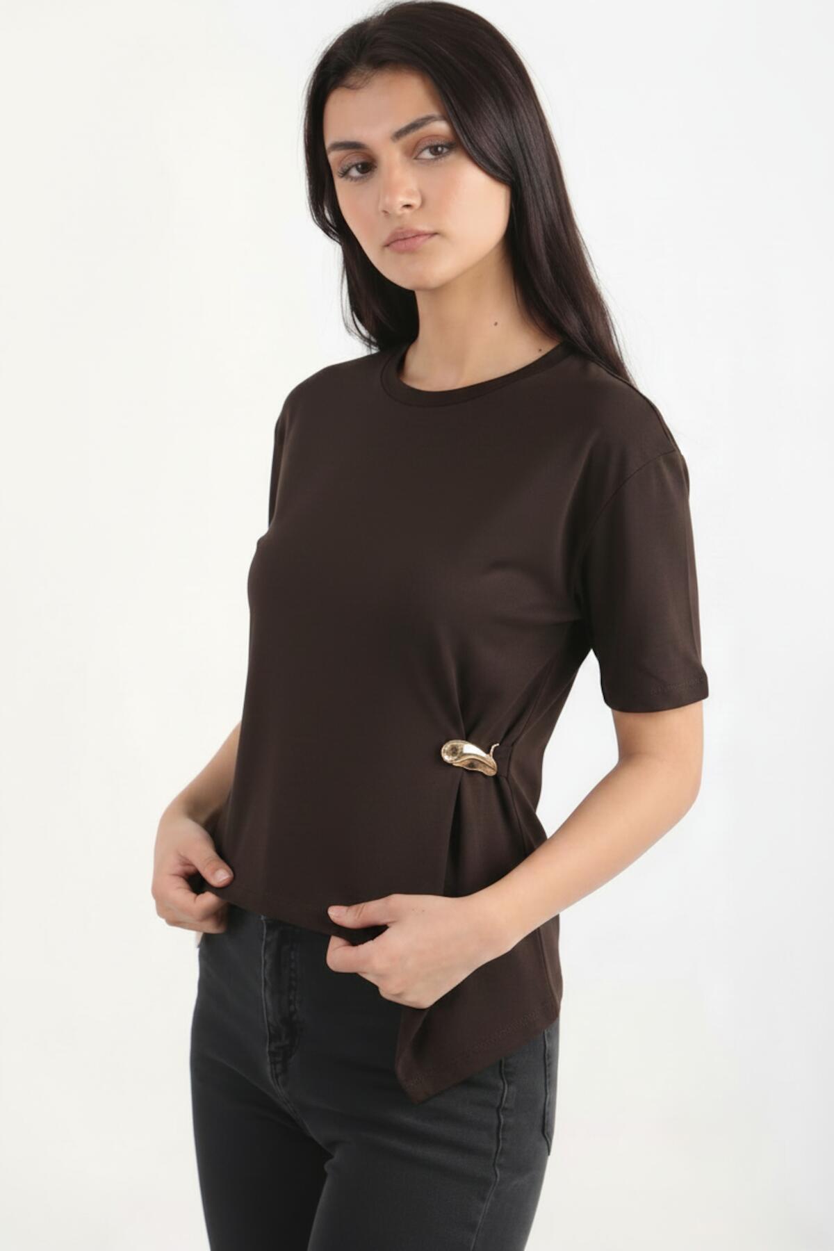 Brown Blouse With Accessory Detail
