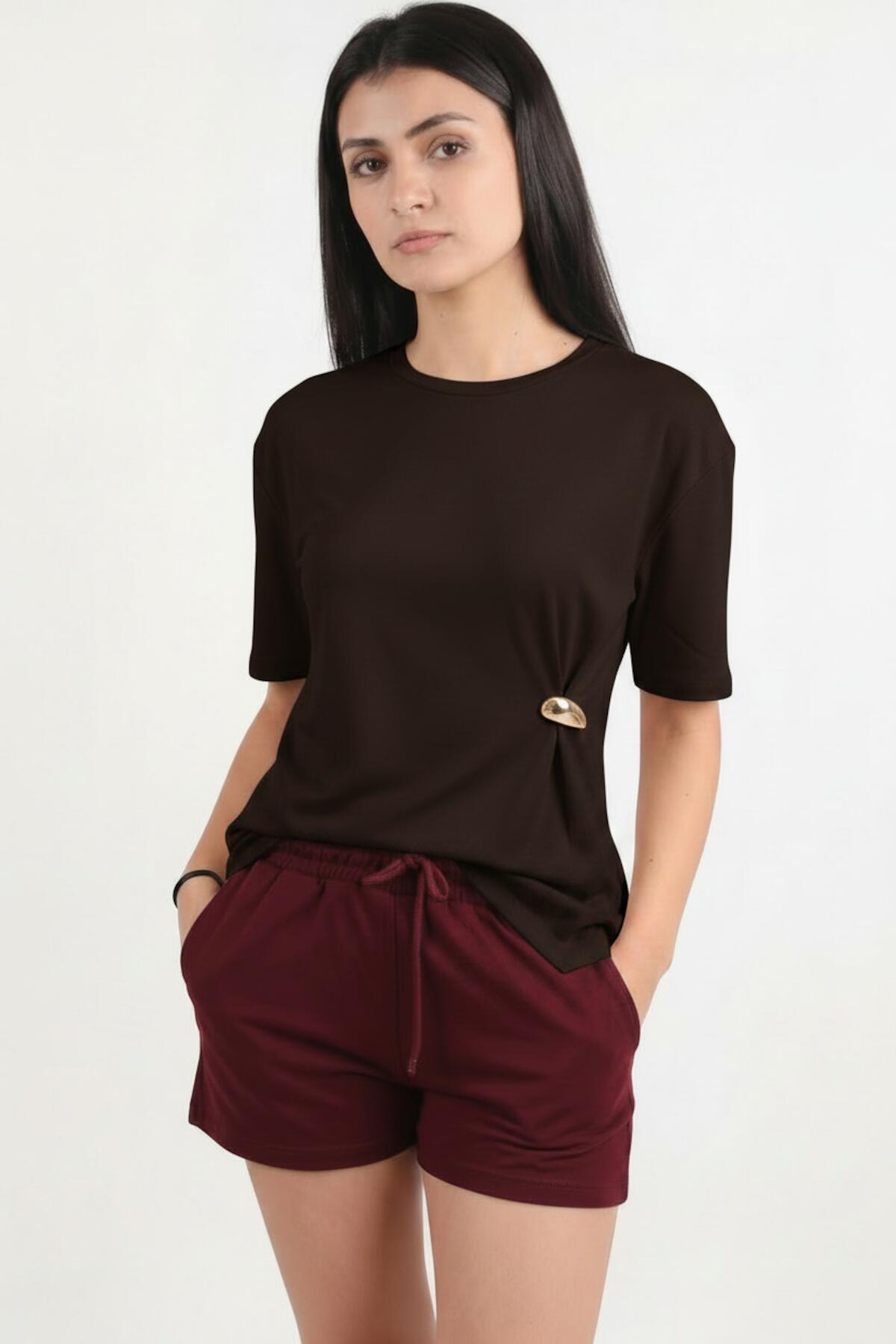 Brown Blouse With Accessory Detail
