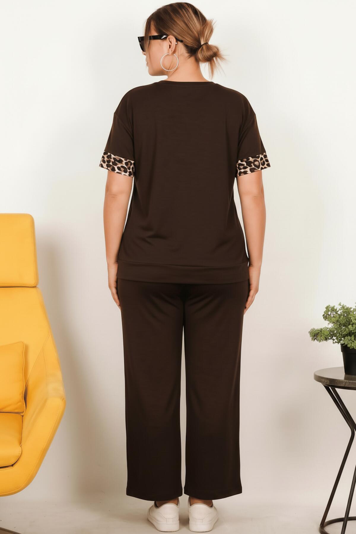 Plus - Size Leopard - Print Short - Sleeve Set — Brown