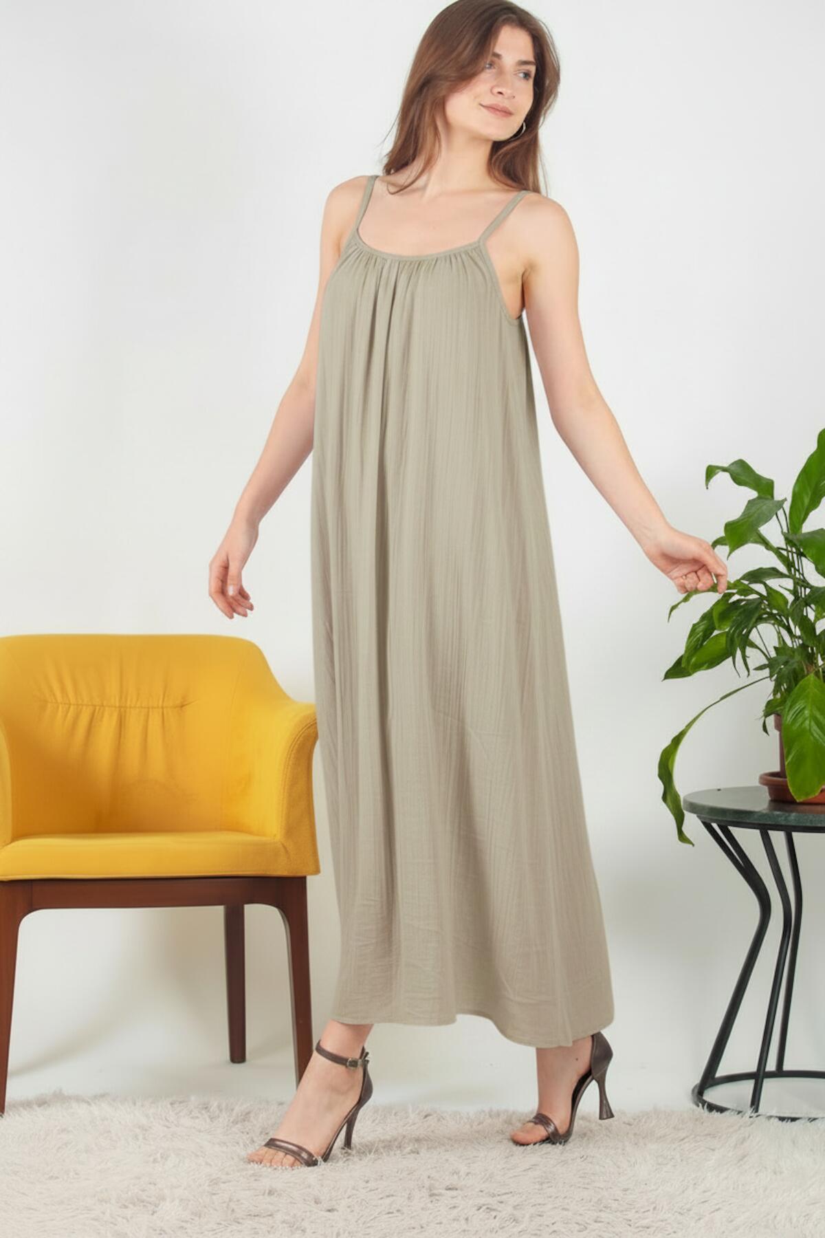 Italian Voile Midi Dress With Spaghetti Straps — Khaki