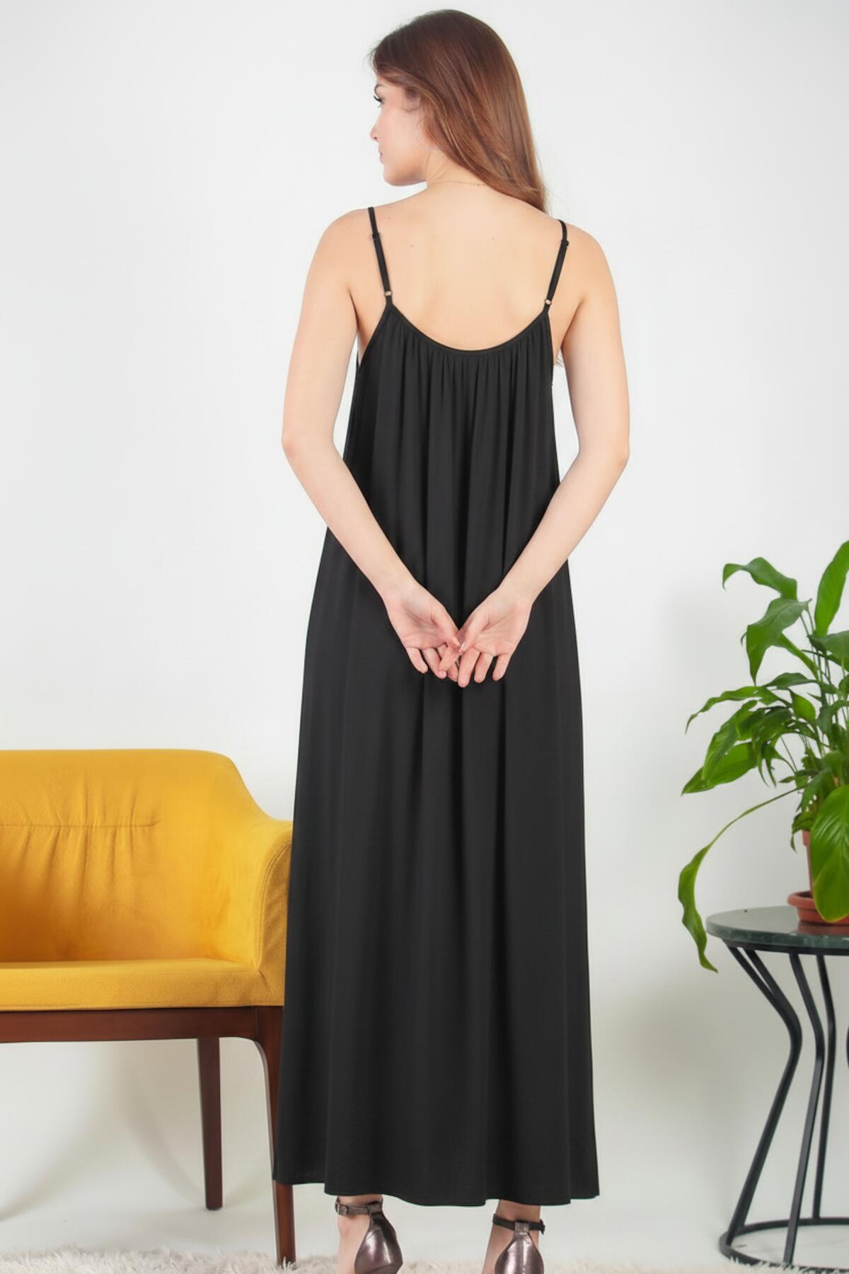 Italienisches Voile-Midikleid mit schmalen Trägern – Schwarz