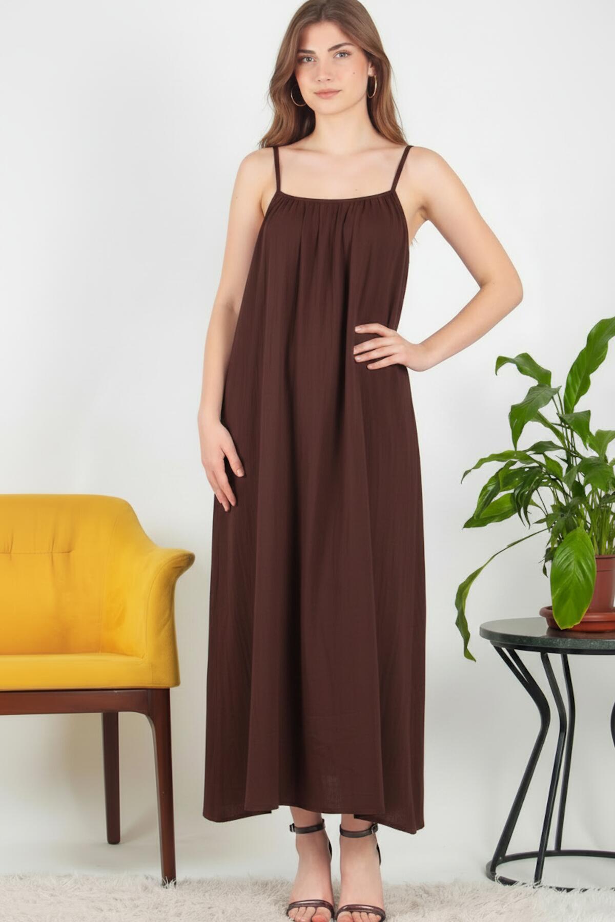 Italian Voile Midi Dress With Thin Straps — Brown